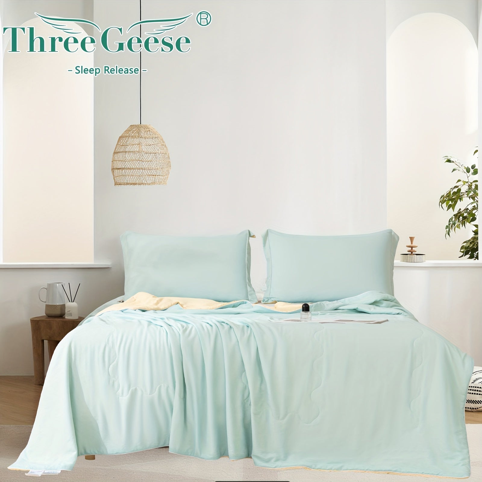 Three Geese Cooling Comforter King Size - Lightweight Soft Breathable Summer Comforter For Hot Sleepers And Night Sweats, Stay Cool All Night, Double Stitch, Q-Max\u003E 0.4 Ultra Soft Cooling Throw Cooling Blanket, Light Blue 106x90