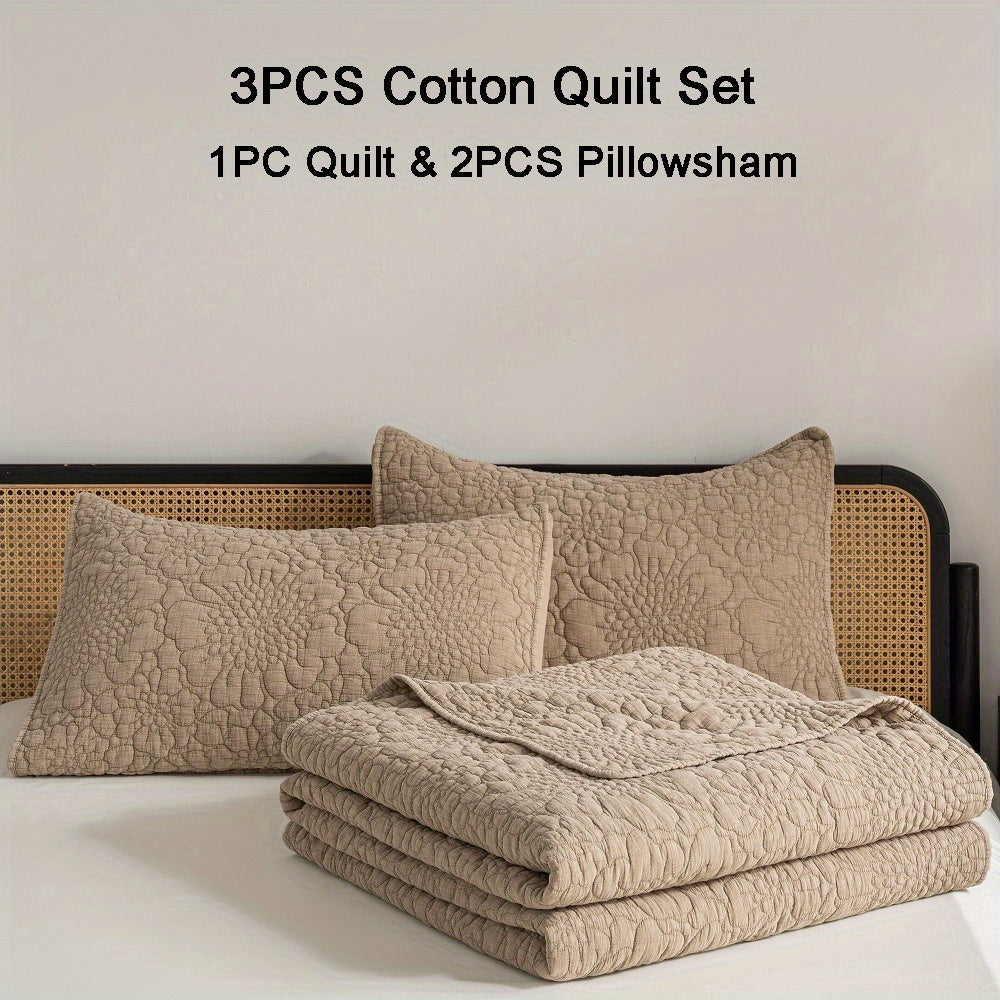 3pcs Stonewashed Cotton Reversible Floral Quilt Set Bedspreads, Real Quilting Soft & Breathable Quilt, All Seasons Lightweight Bedspread, Master Suites Or Guest Rooms Bedding Set (1 Quilt, 2 Pillow Shams), Machine Washable.