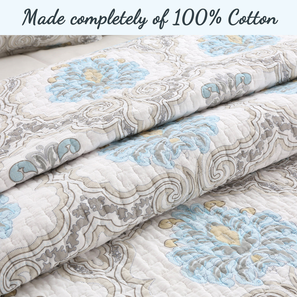 100 Cotton Floral Aqua Teal Blue Reversible Quilt Bedding Set, Lightweight Bedspread Coverlet for All Seasons