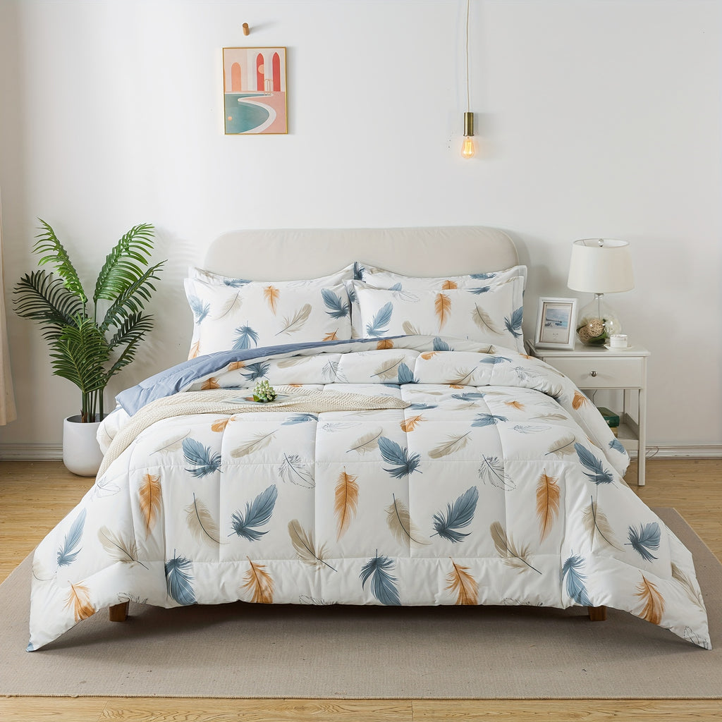 100% Cotton Feather Print Thin Bedding Comforter Set, Off White Light Blue Plume Pattern Reversible Ultra Lightweight Comforter, Elegant Farmhouse Bed Sets, for Summer, 3pcs