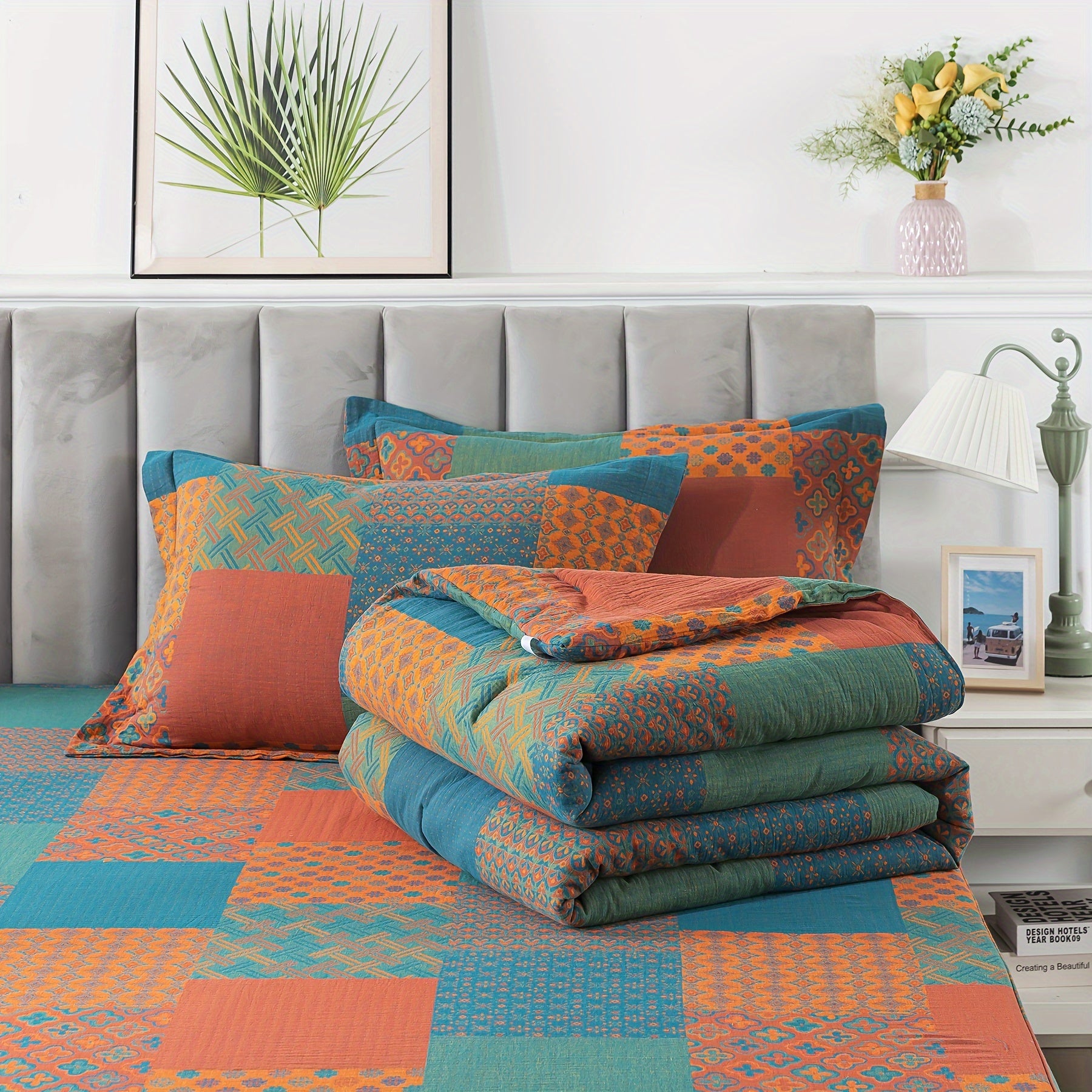 4pcs Washed Double Layer Muslin 100% Patchwork Patterned Vintage Comforter Set, Boho Fluffy Thick Checked Bed Comforter Sets, Luxury Home Hotel Designer Bedding Set, Soft Breathable, All-Season