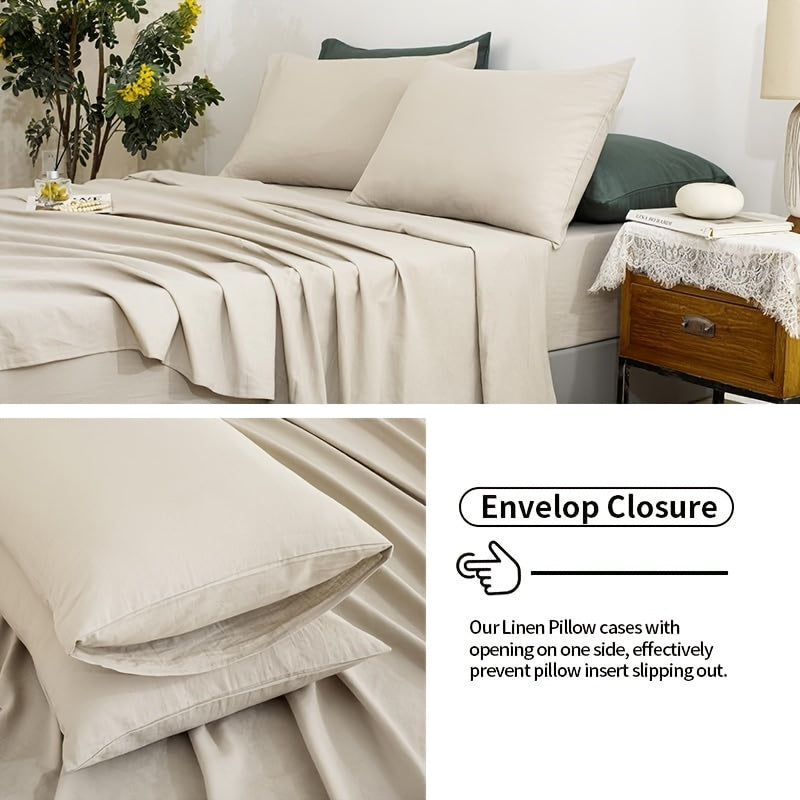 Natural Linen 100% Linen Sheets, 4pcs Linen Sheets Set, Soft Durable Deep Pocket Fitted Sheet & Flat Sheet & 2 Pillowcases (Queen Size\u002F King Size\u002F California King Size)