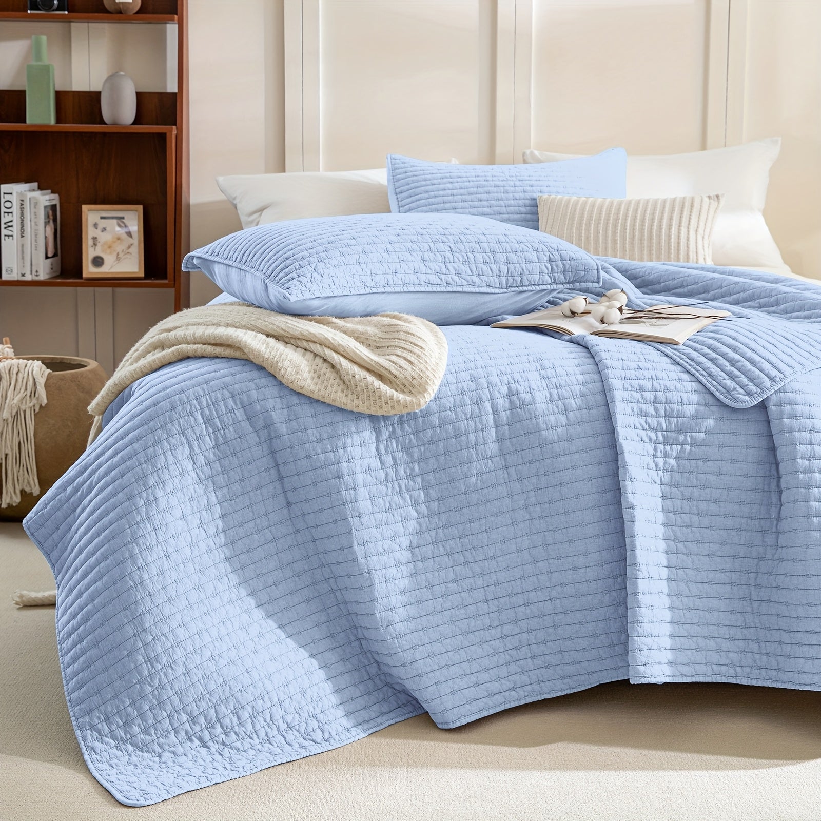 Stonewashed Cotton Coverlet, Olive Green Ultra Soft Crinkle Quilt Bedding Set 3pcs Cross Stitch Pattern Lightweight Breathable Bedspread Set for All Season