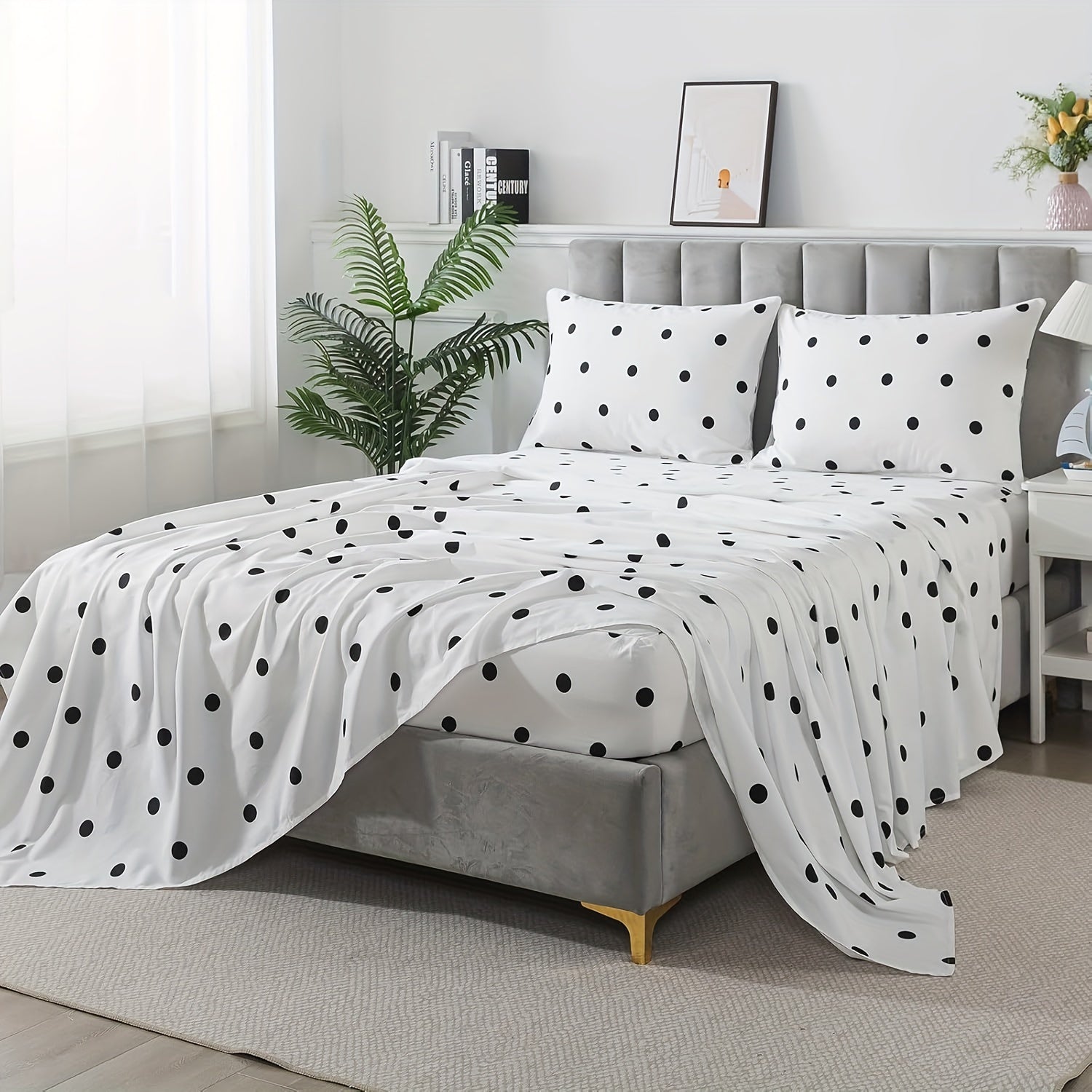4pcs SoftTouch Bedding Set - 100% Polka Dot Twin\u002FFull\u002FQueen\u002FKing Sheets with Pillowcases, Breathable Twill Weave, All-Season, Machine Washable, Active Printing, Deep Pocket