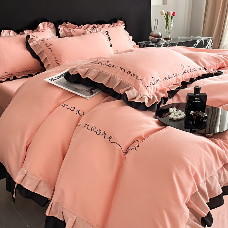 Advanced Embroidery Washed Four Piece Set with Ruffled Edges Bedding That Can Be Machine Washed for All Seasons: Includes One Duvet Cover, One Bed Sheet, Two Pillowcases, Without A Core