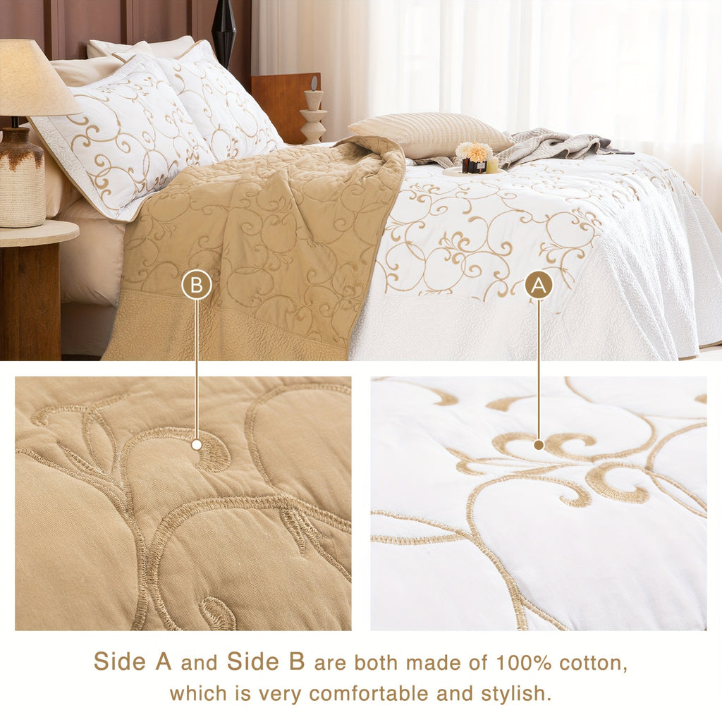 100% Cotton California King Quilt Embroidery Pattern Bedding Coverlet Set 3pcs Extra Large Golden And White Quilt Bedding Set Aesthetic All Season