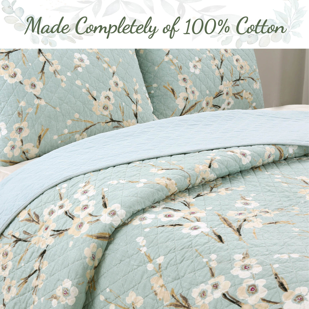 100 Cotton Floral Aqua Teal Blue Reversible Quilt Bedding Set, Lightweight Bedspread Coverlet for All Seasons