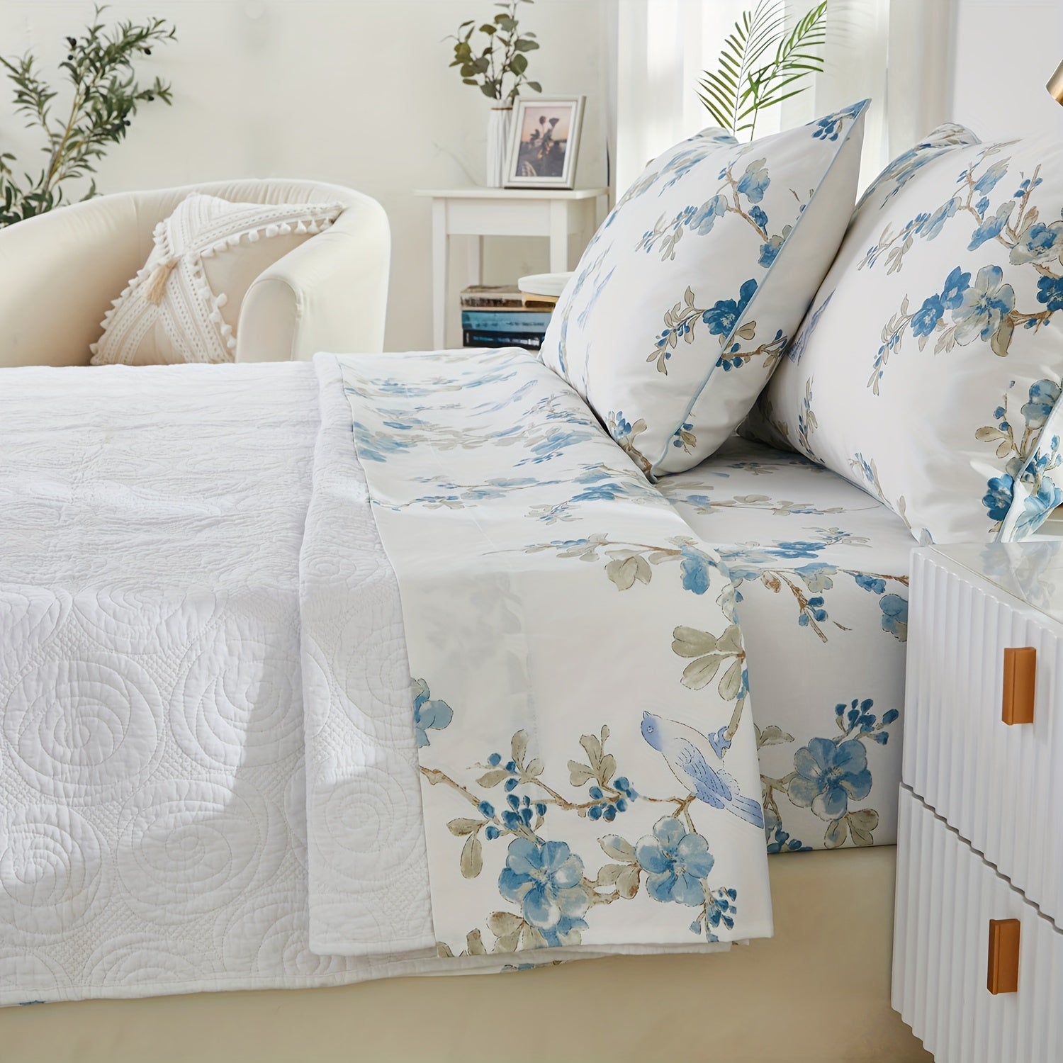 4pcs 600TC 100% Egyptian Cotton Fitted Sheet Set (1*Fitted Sheet + 1*Flat Sheet + 2*Pillowcase, Without Core), Luxury Blue Watercolor Floral Bedding Set, for Bedroom Guest Room Student Dorm All Seasons