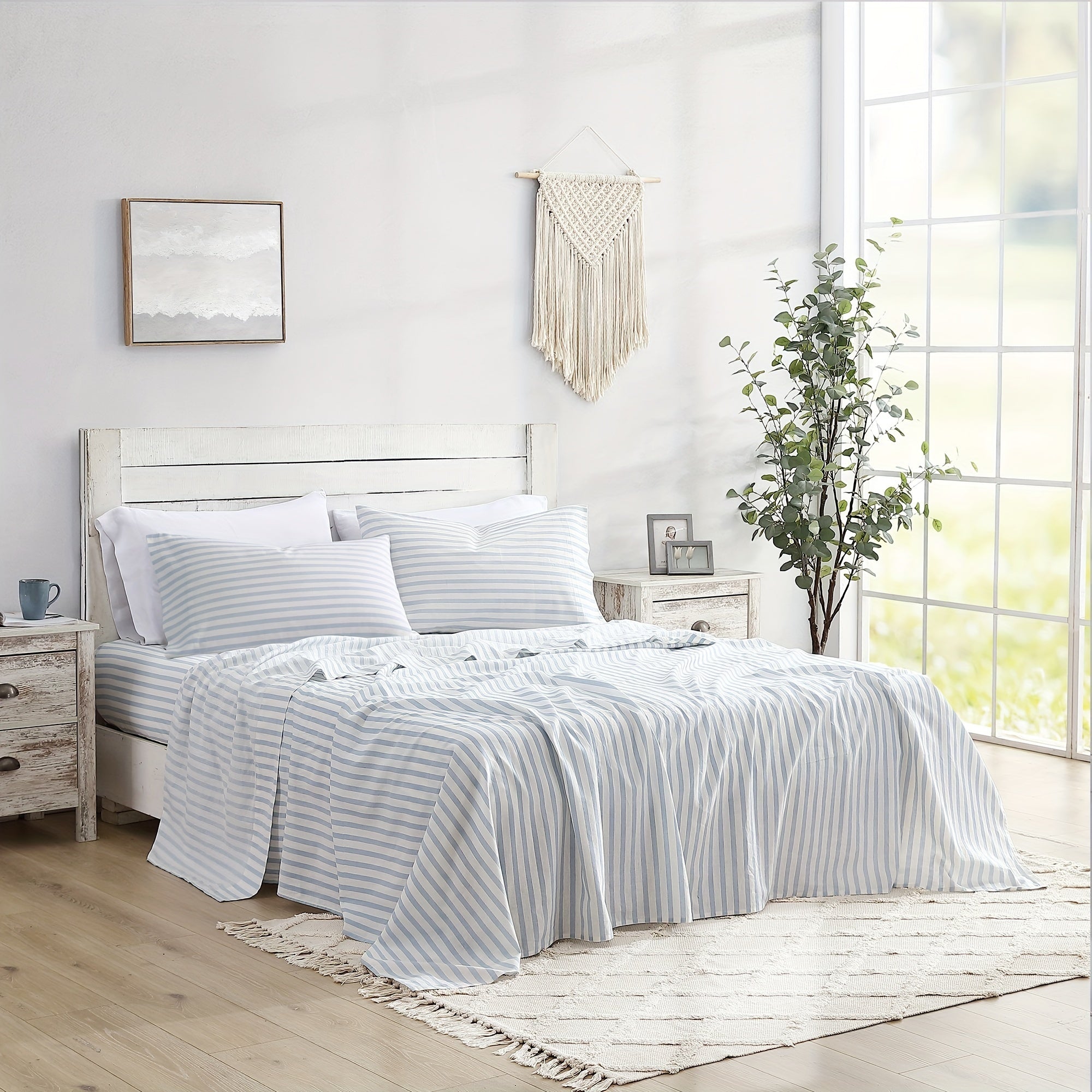 Queen Sheet Set 4 Pcs - 55% Linen, 45% Cotton Striped Sheet Set, Farmhouse, Breathable & Soft, Include Flat Sheet X 1, Fitted Sheet X 1, Pillowcase X 2