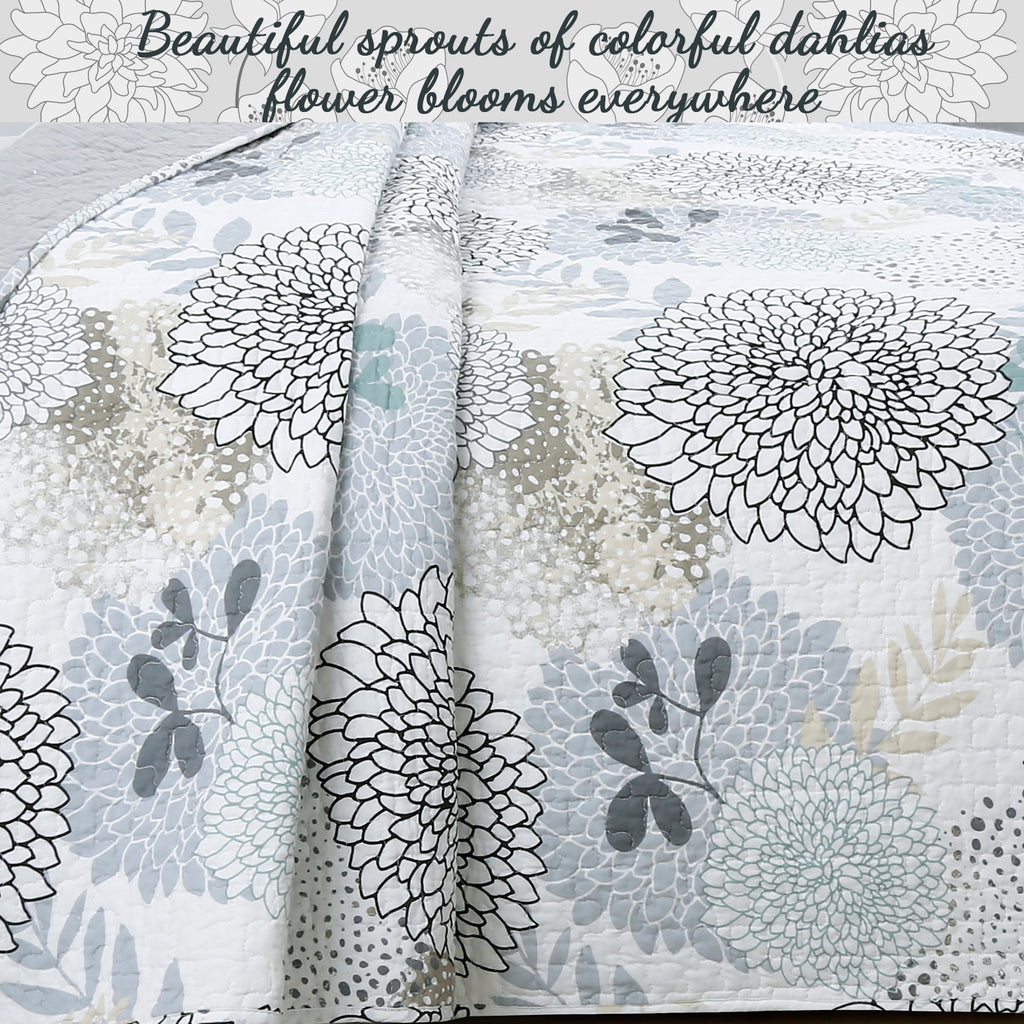 100 Cotton Floral Aqua Teal Blue Reversible Quilt Bedding Set, Lightweight Bedspread Coverlet for All Seasons