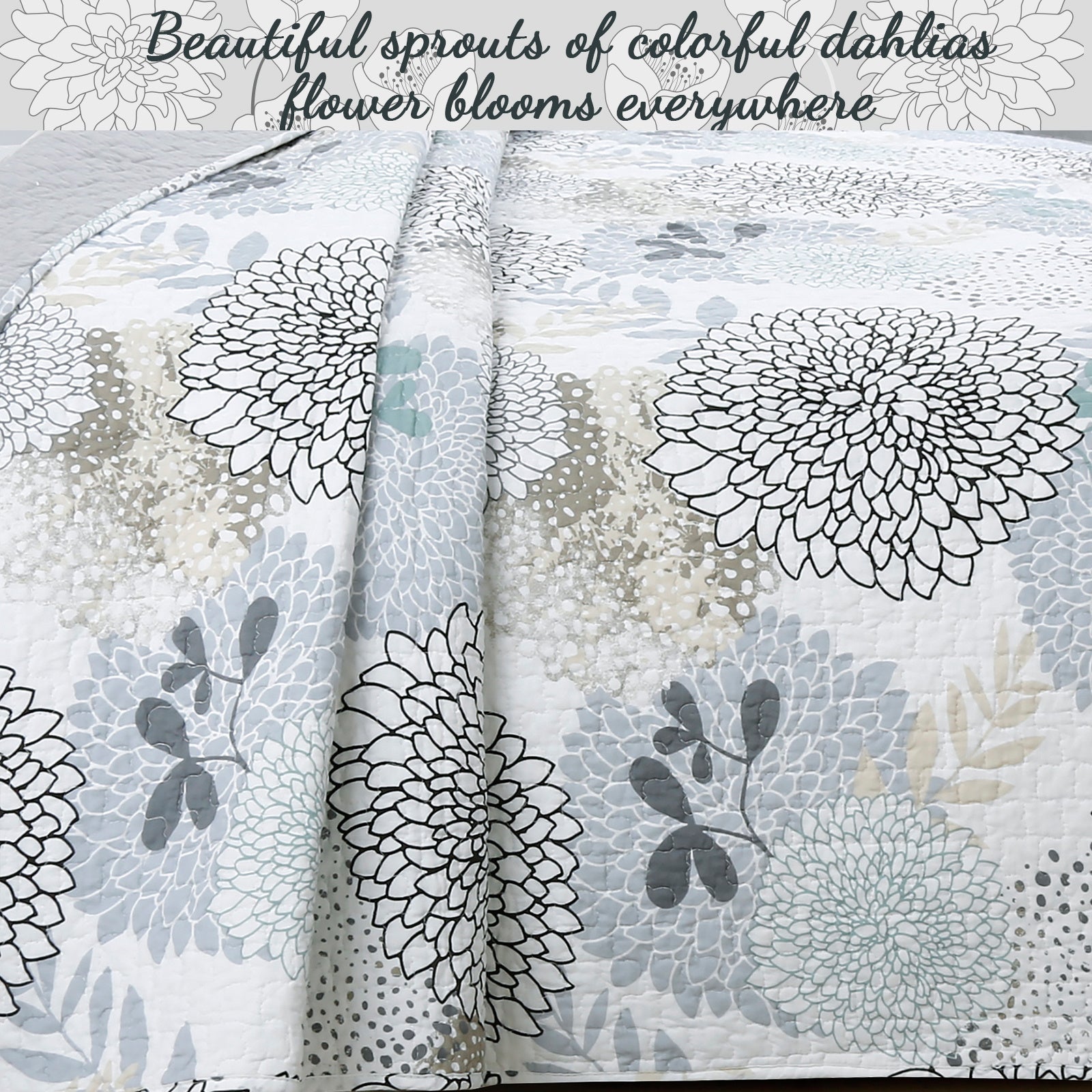 100 Cotton Floral Aqua Teal Blue Reversible Quilt Bedding Set, Lightweight Bedspread Coverlet for All Seasons