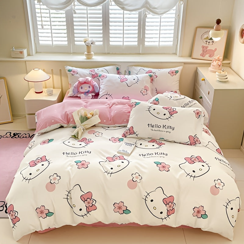 Sanrio-style Bedding Sets (4pcs) - Cinnamoroll, Hello Kitty, Kuromi - Soft and Comfortable Fabric - Includes 1 Duvet Cover, 1 Flat Sheet, 2 Pillowcases - Perfect as Gifts and Bedroom Decorations