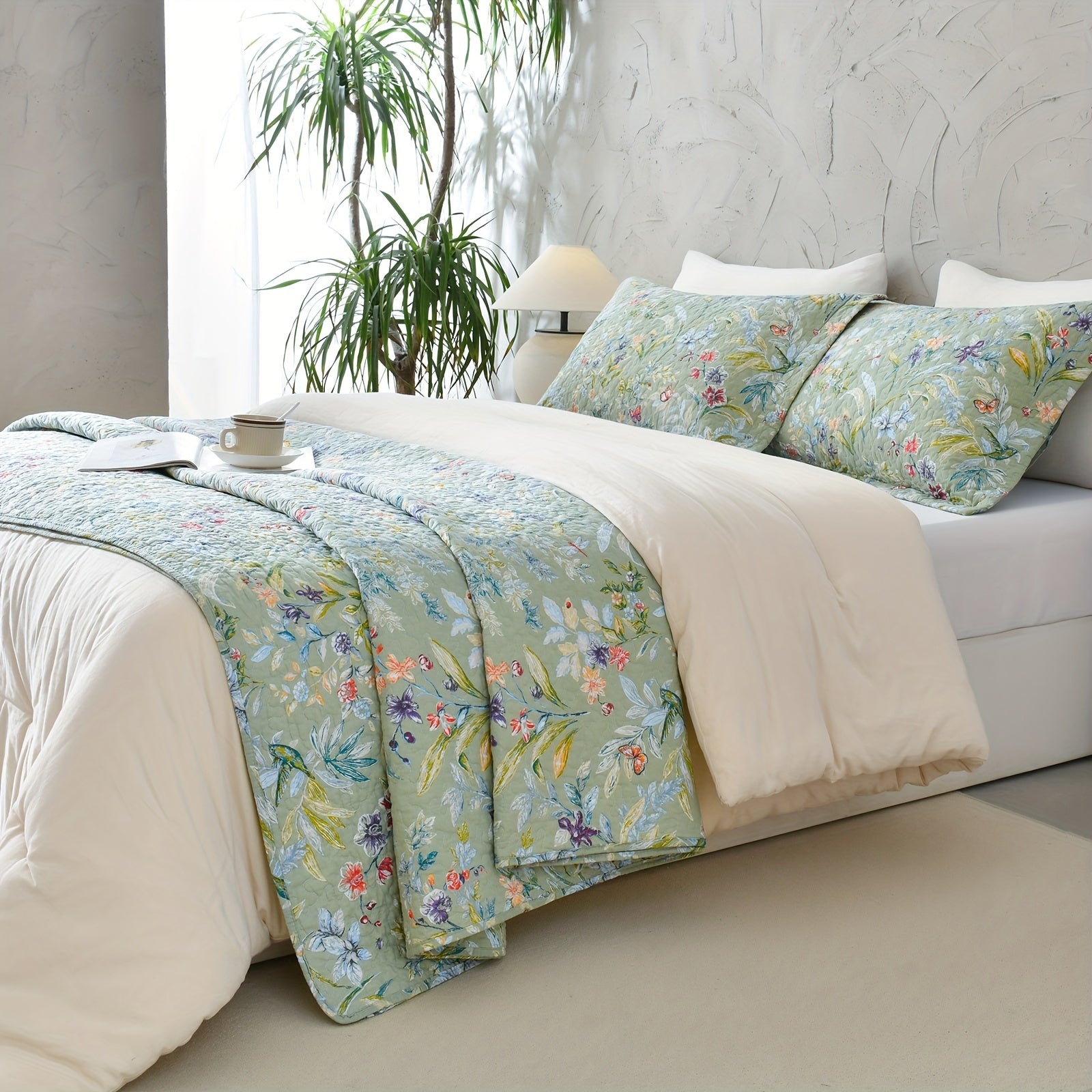 100% Cotton Floral Quilt - Green Floral Quilted Bedspreads Set, 3pcs Green Flower Bird Butterfly Print Botanical Quilt Bedding Coverlet Summer Soft Lightweight Aesthetic Bedding