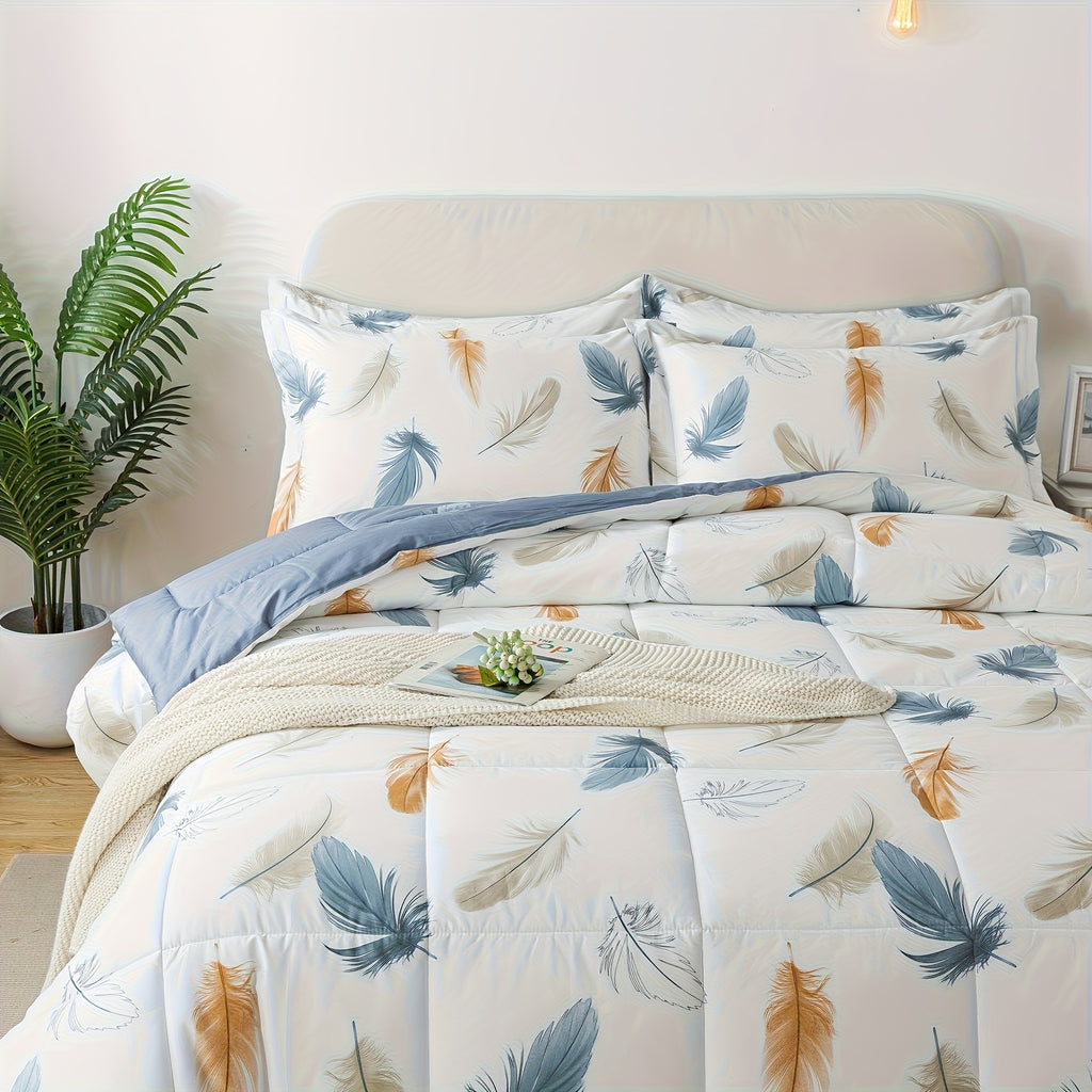 100% Cotton Feather Print Thin Bedding Comforter Set, Off White Light Blue Plume Pattern Reversible Ultra Lightweight Comforter, Elegant Farmhouse Bed Sets, for Summer, 3pcs
