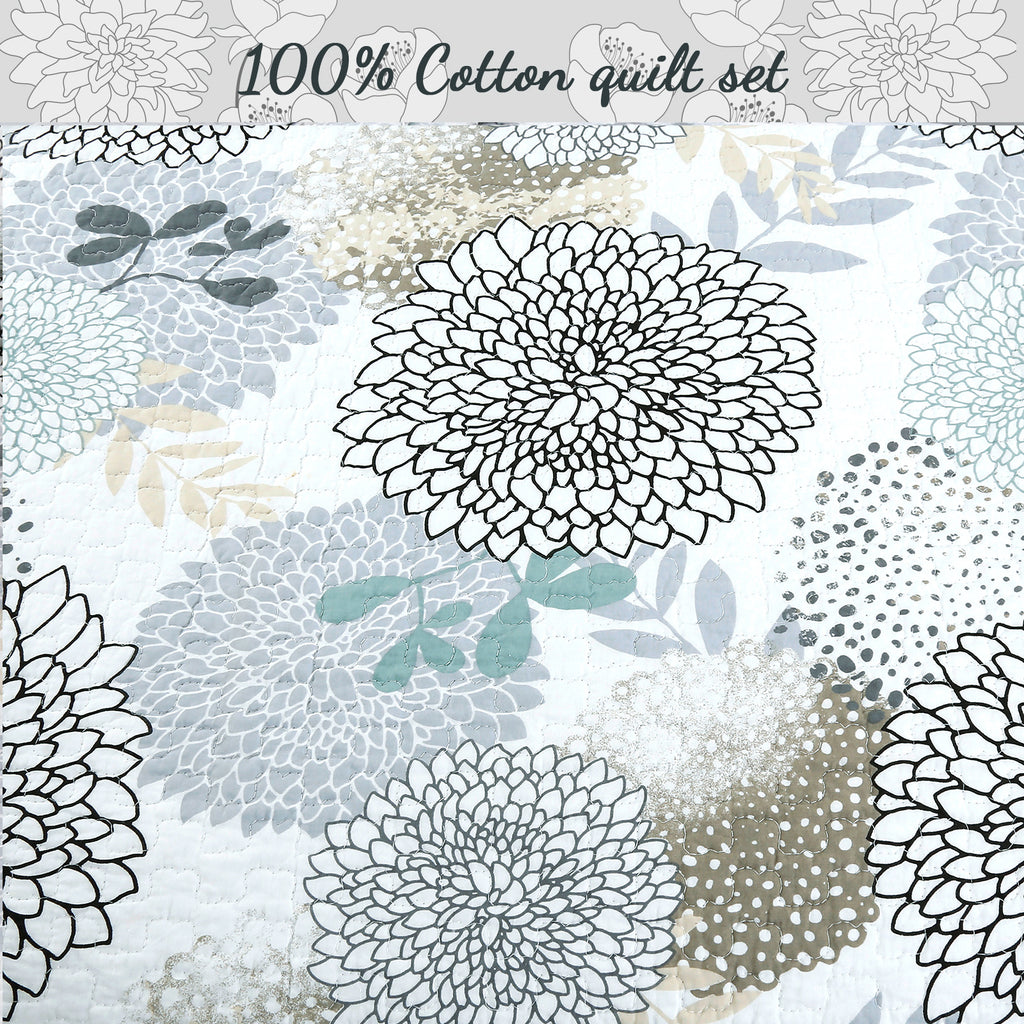 100 Cotton Floral Aqua Teal Blue Reversible Quilt Bedding Set, Lightweight Bedspread Coverlet for All Seasons