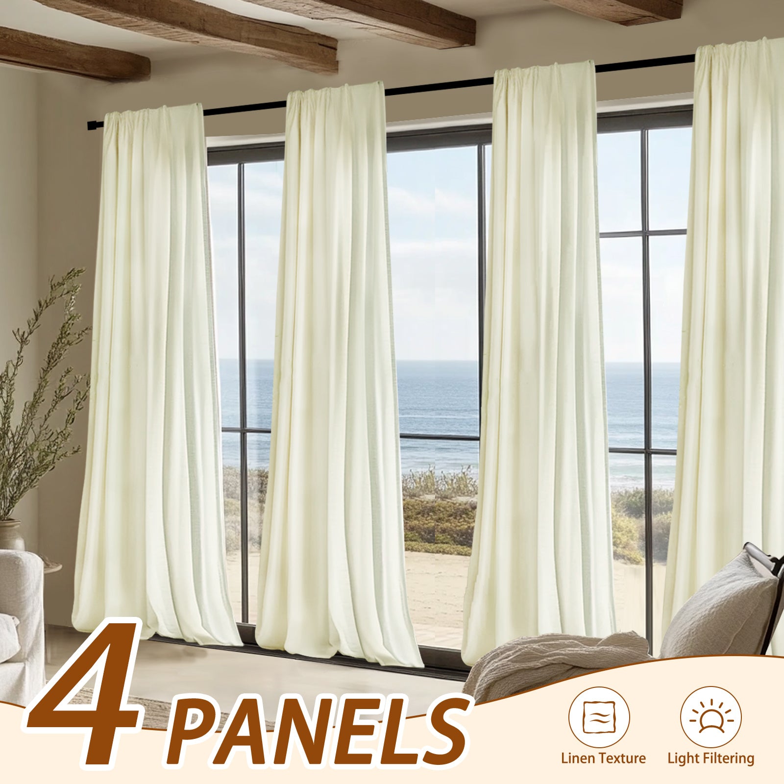 4pcs Elegant Beige Linen Curtains - Light Filtering, Rod Pocket Design for Easy Hanging, Perfect for Living Room & Bedroom - Modern Farmhouse Style, Machine Washable, Curtains for Living Room, JINCHAN