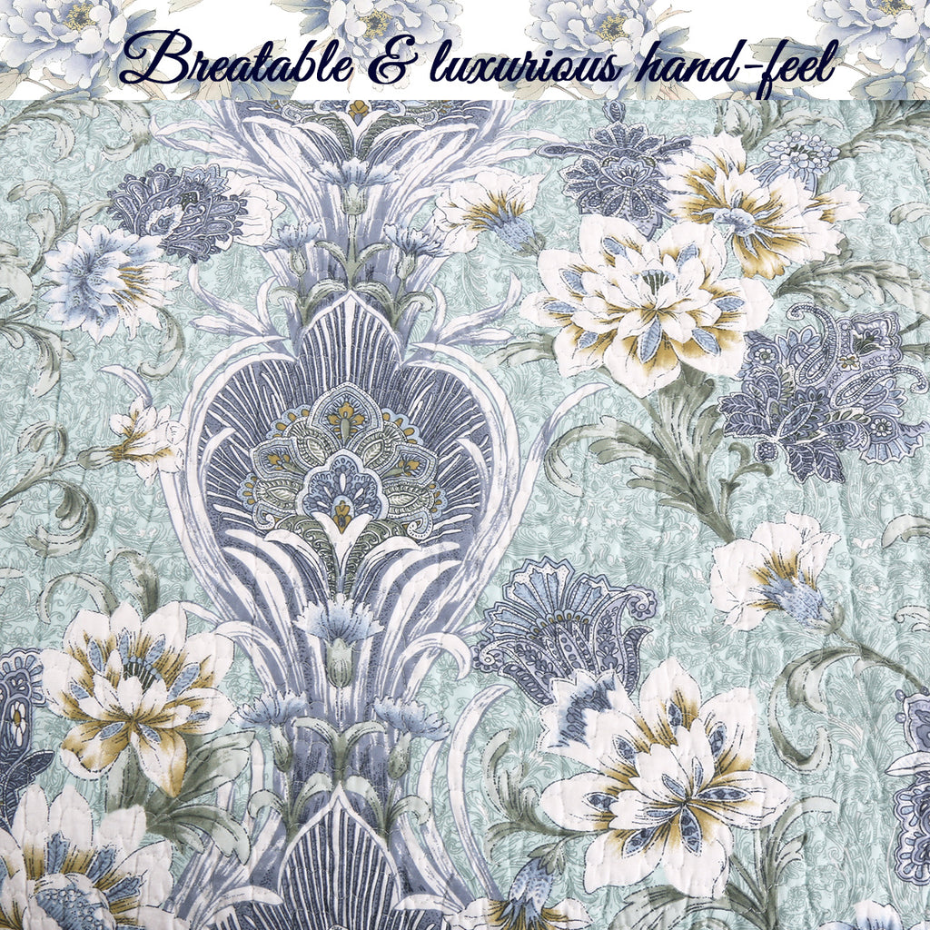 100 Cotton Floral Aqua Teal Blue Reversible Quilt Bedding Set, Lightweight Bedspread Coverlet for All Seasons