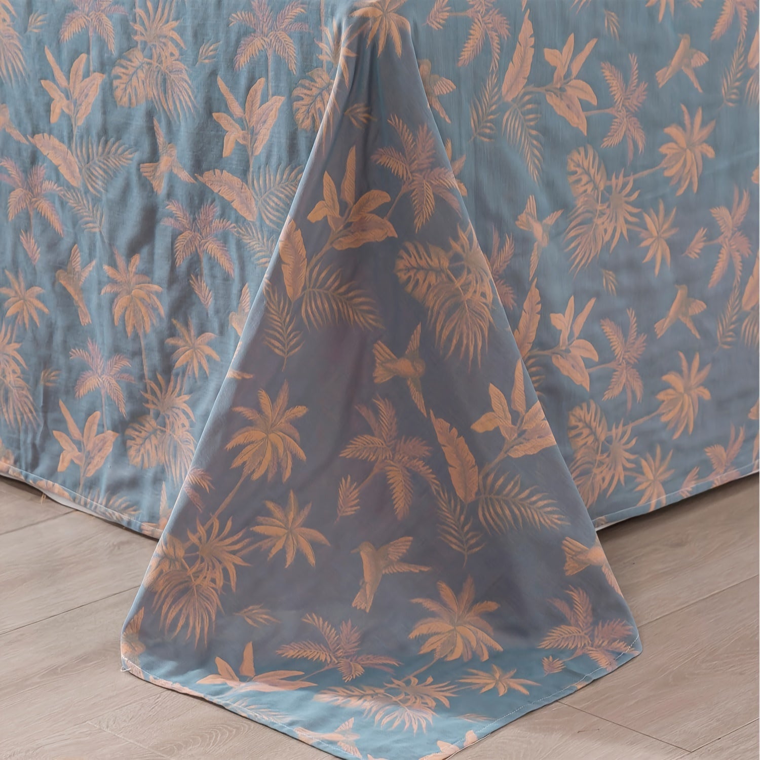 100% Cotton Double Gauze Floral Sheets Set Dirty Blue Tropical Bird Bed Sheet Shabby Vintage Bedding Orange Coconut Tree Printed Deep Pocket Sheets Luxury Soft Breathable, 4pcs
