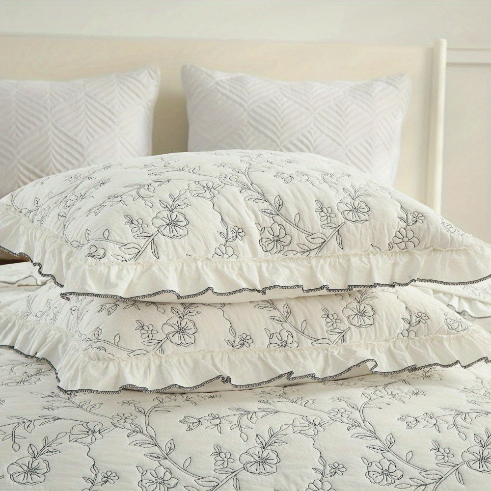 3pcs Floral Ruffled Cotton Oversize Quilt Set Bedspread Set Queen\u002FKing Size Reversible Bedding Set, Coverlet (1 Quilt+2 Pillowshams)
