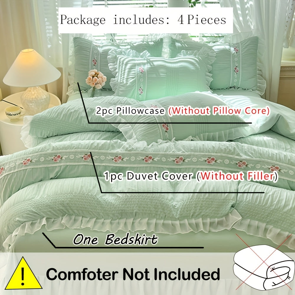 4pcs Solid-color Bedskirt-style Bubble Duvet Cover Set In French Princess Style with Lace Trim (1 Duvet Cover.1 Flat Sheet + 2 Pillowcases, No Fillers). Soft And Comfortable, Machine Washable. Decorative Bedding Perfect for Festive Gifts.