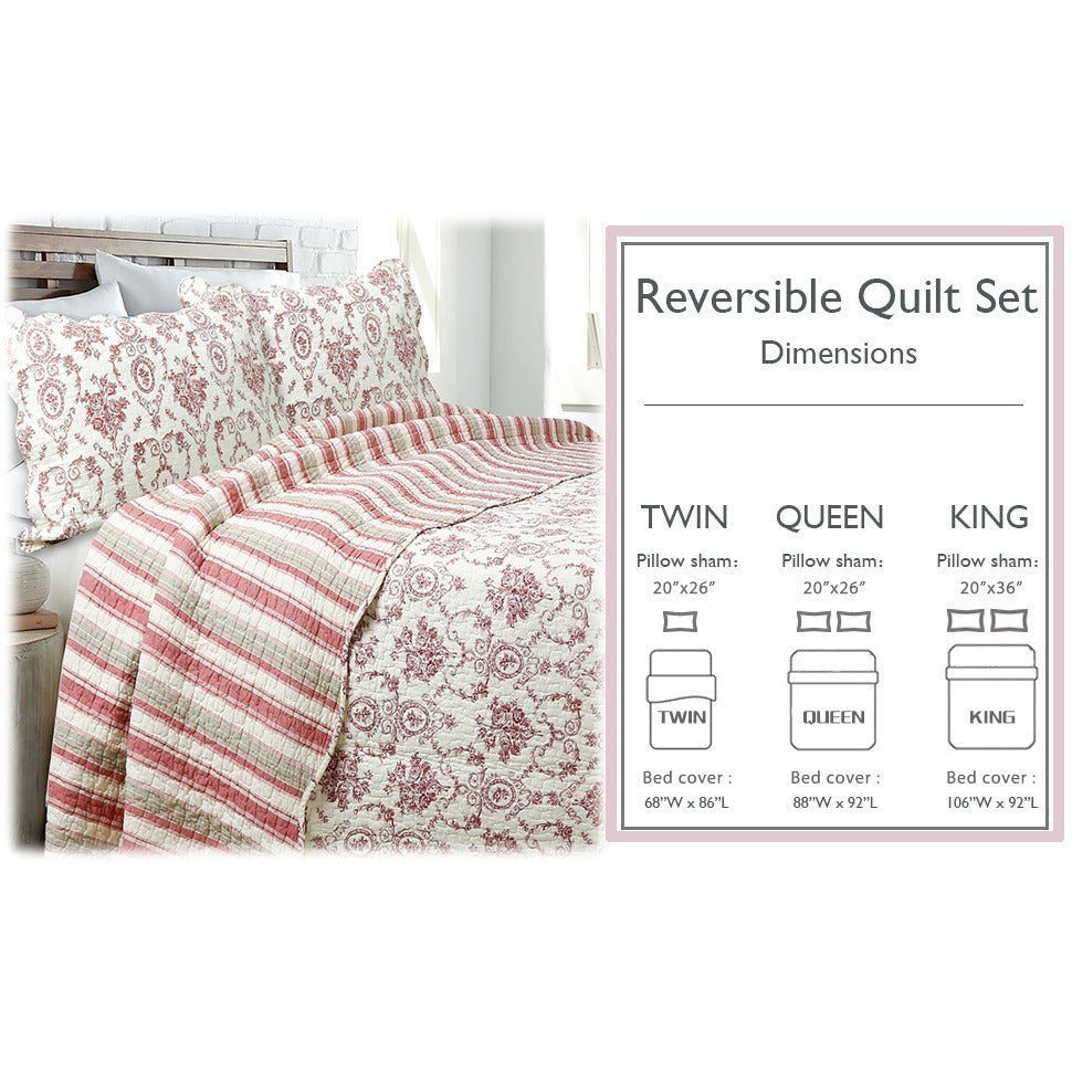 3pc 100 Cotton French Medallion Floral Quilt Bedding Set, Lightweight Bedspread Coverlet for All Seasons