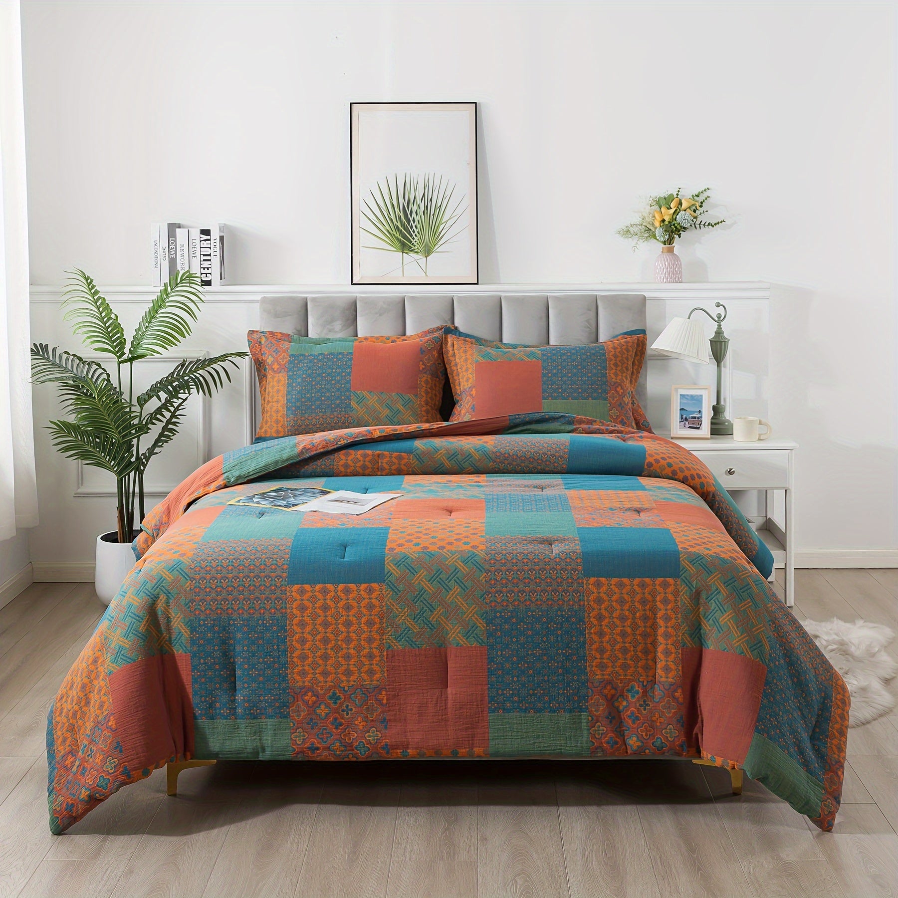 4pcs Washed Double Layer Muslin 100% Patchwork Patterned Vintage Comforter Set, Boho Fluffy Thick Checked Bed Comforter Sets, Luxury Home Hotel Designer Bedding Set, Soft Breathable, All-Season