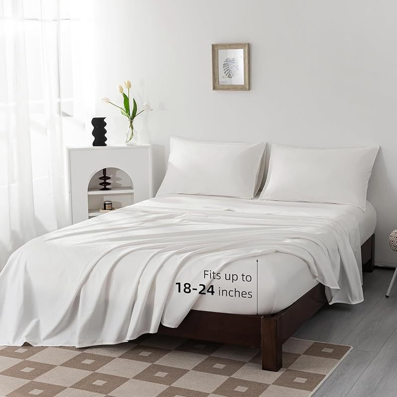 100% Egyptian Cotton Sheets Full\u002FQueen\u002FKing\u002FCal King Size Set; Extra Deep Pocket Full Sheets Set Soft Breathable Cooling 4pcs Bed Sheets with 1 Flat Sheet, 1 Fitted Sheet, 2 Pillowcases (Full, White)