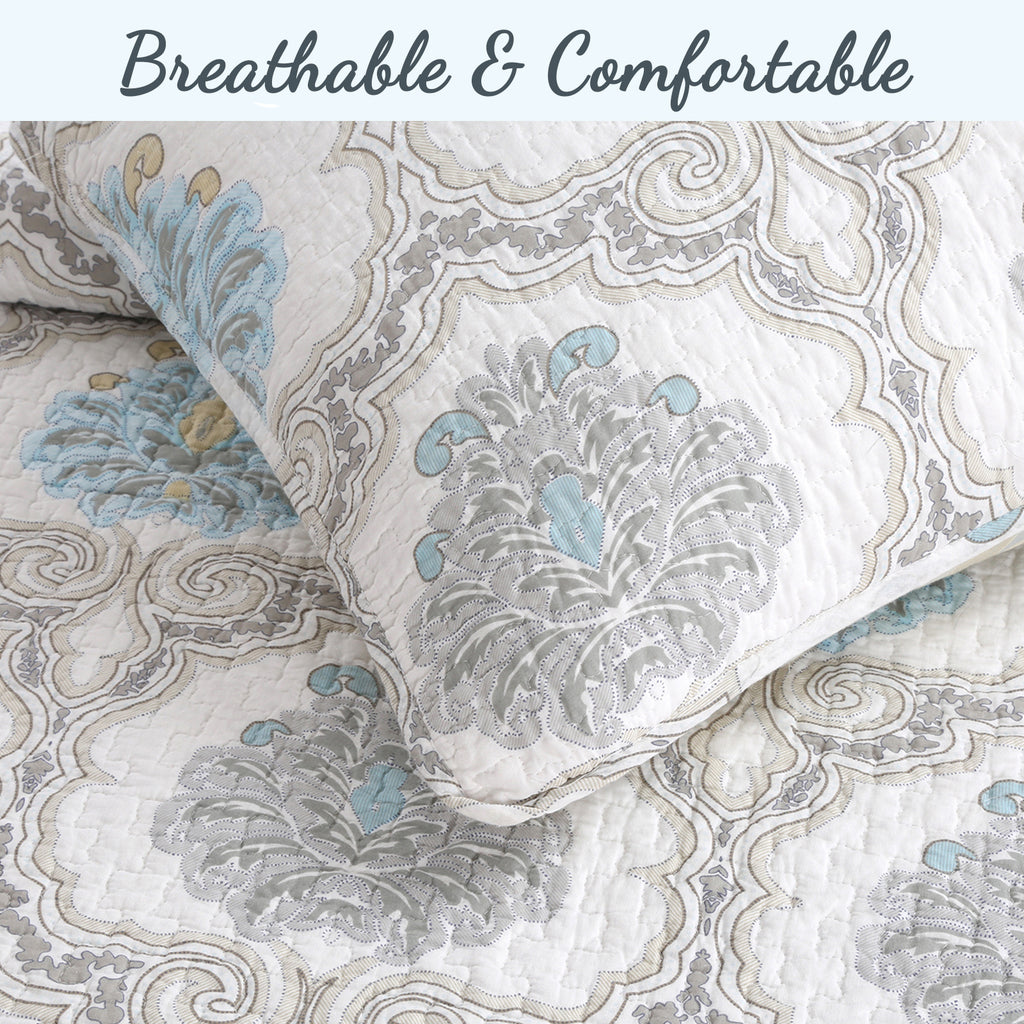 100 Cotton Floral Aqua Teal Blue Reversible Quilt Bedding Set, Lightweight Bedspread Coverlet for All Seasons