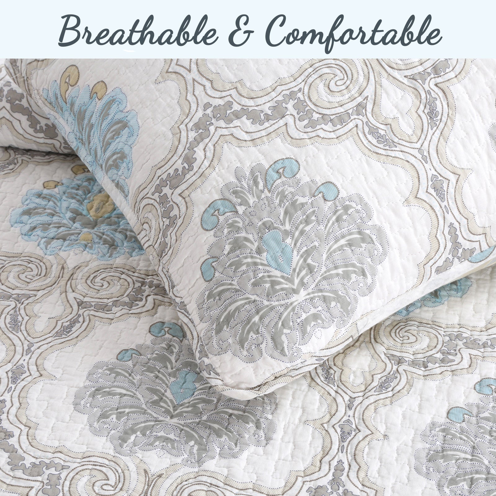 100 Cotton Floral Aqua Teal Blue Reversible Quilt Bedding Set, Lightweight Bedspread Coverlet for All Seasons