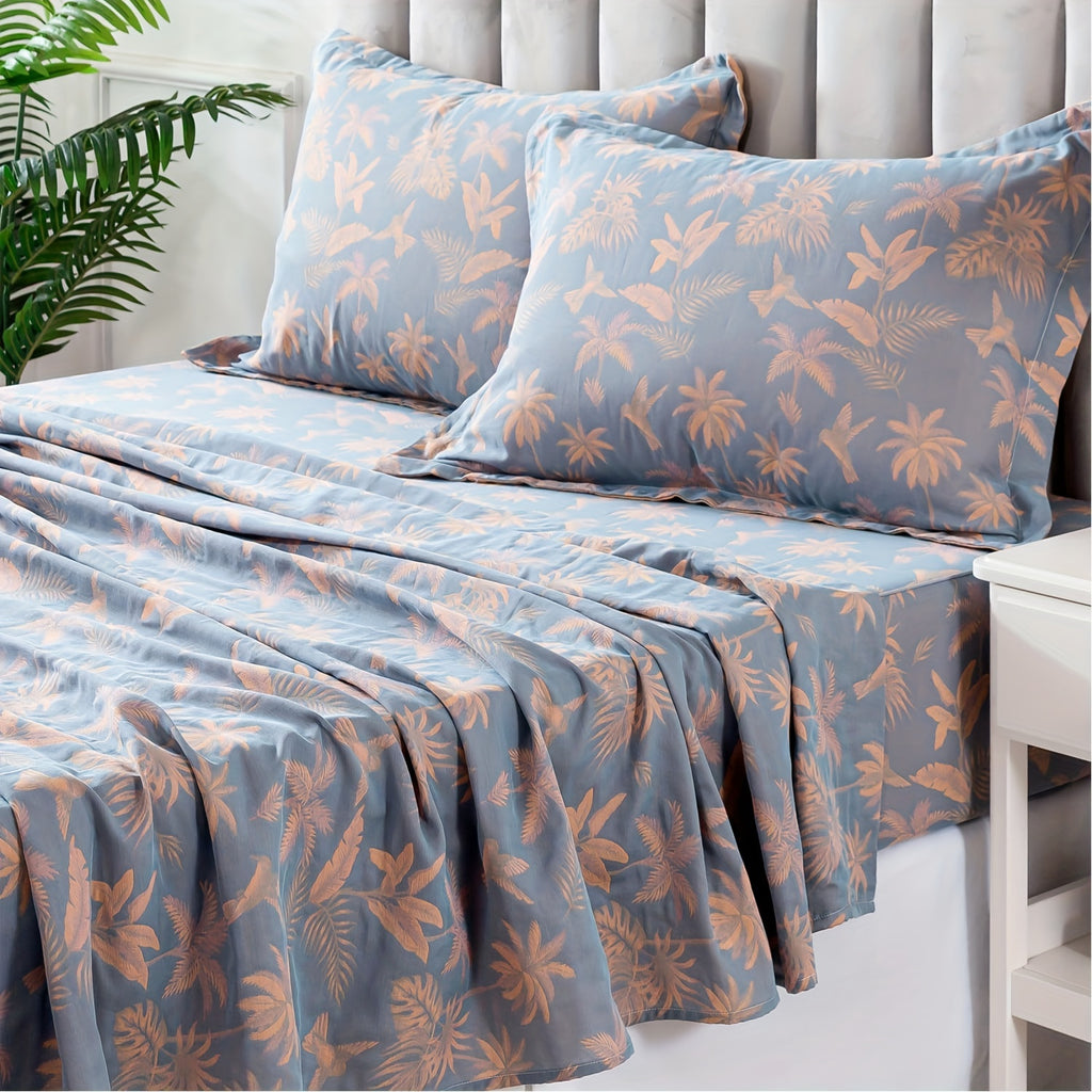 100% Cotton Double Gauze Floral Sheets Set Dirty Blue Tropical Bird Bed Sheet Shabby Vintage Bedding Orange Coconut Tree Printed Deep Pocket Sheets Luxury Soft Breathable, 4pcs