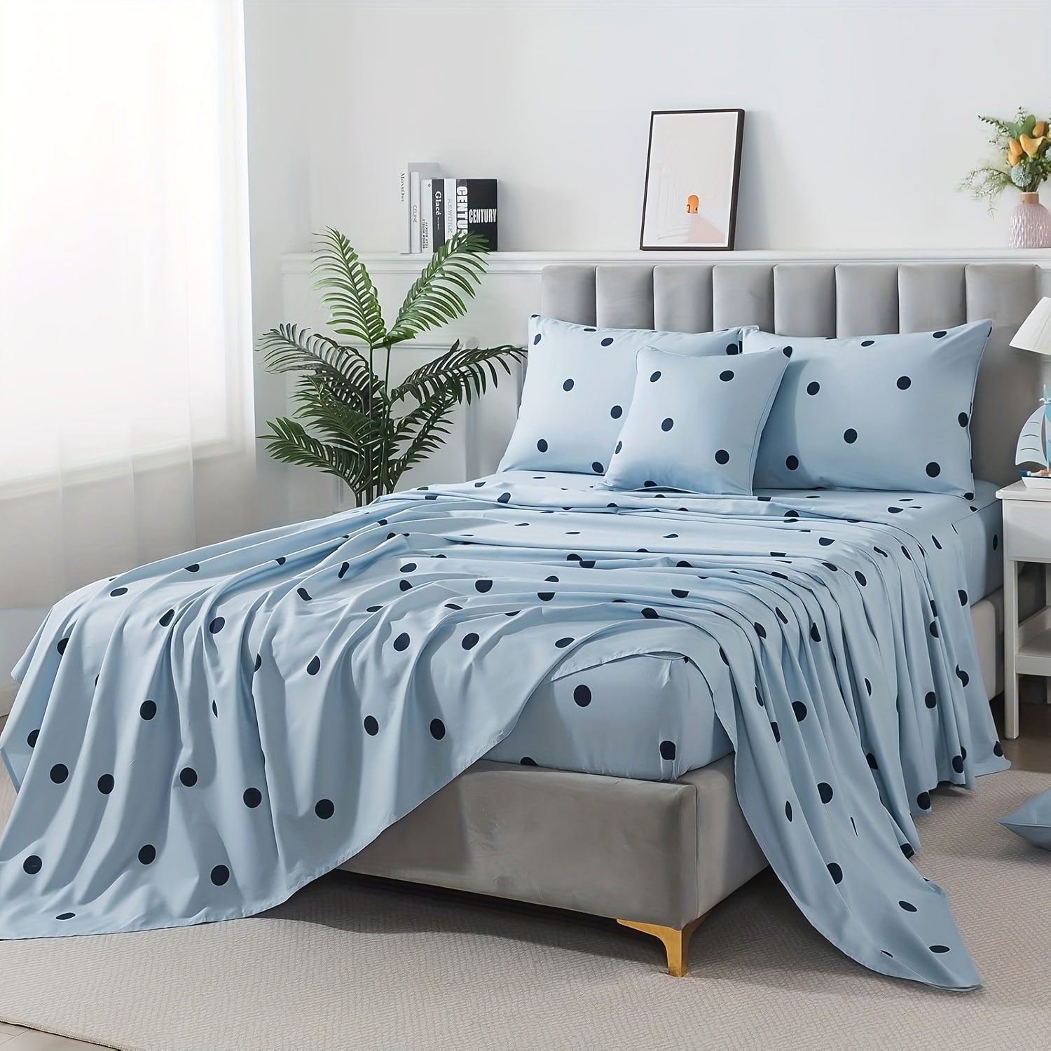Light Blue Polka Dot Sheets 100% Cotton Geometric Bedding Teens Modern Circle Pattern College Bedding Deep Pocket Sheets With 2 Pillowcases Ultra Soft 4pcs