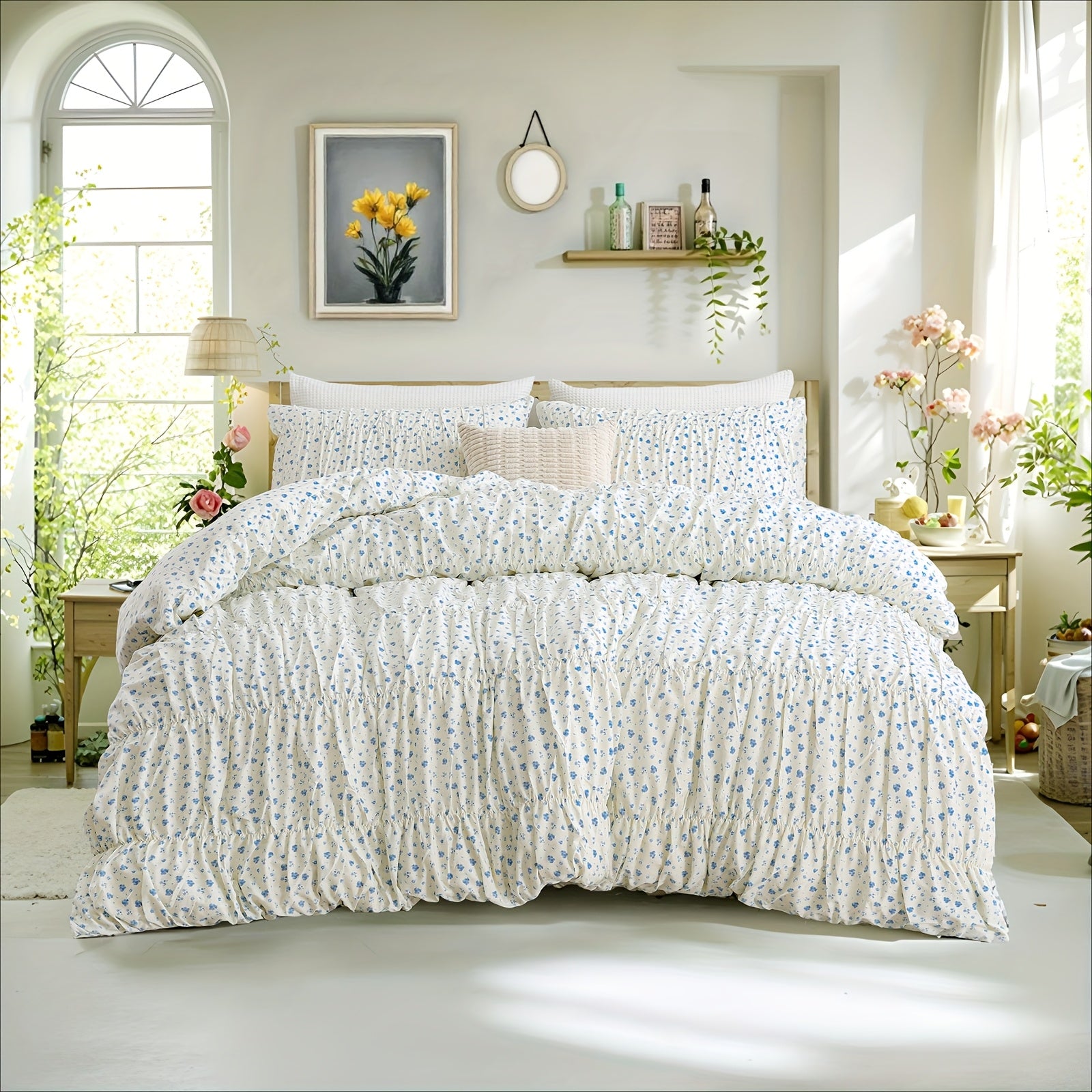Blue Floral Corded Elastic Duvet Cover Set, Medium Size, 100% Pure Floral Duvet Cover Set with Pocket Closure, 3 Soft Breathable Vintage Bedding Set with 2 Pillowcases, Suitable for All Seasons