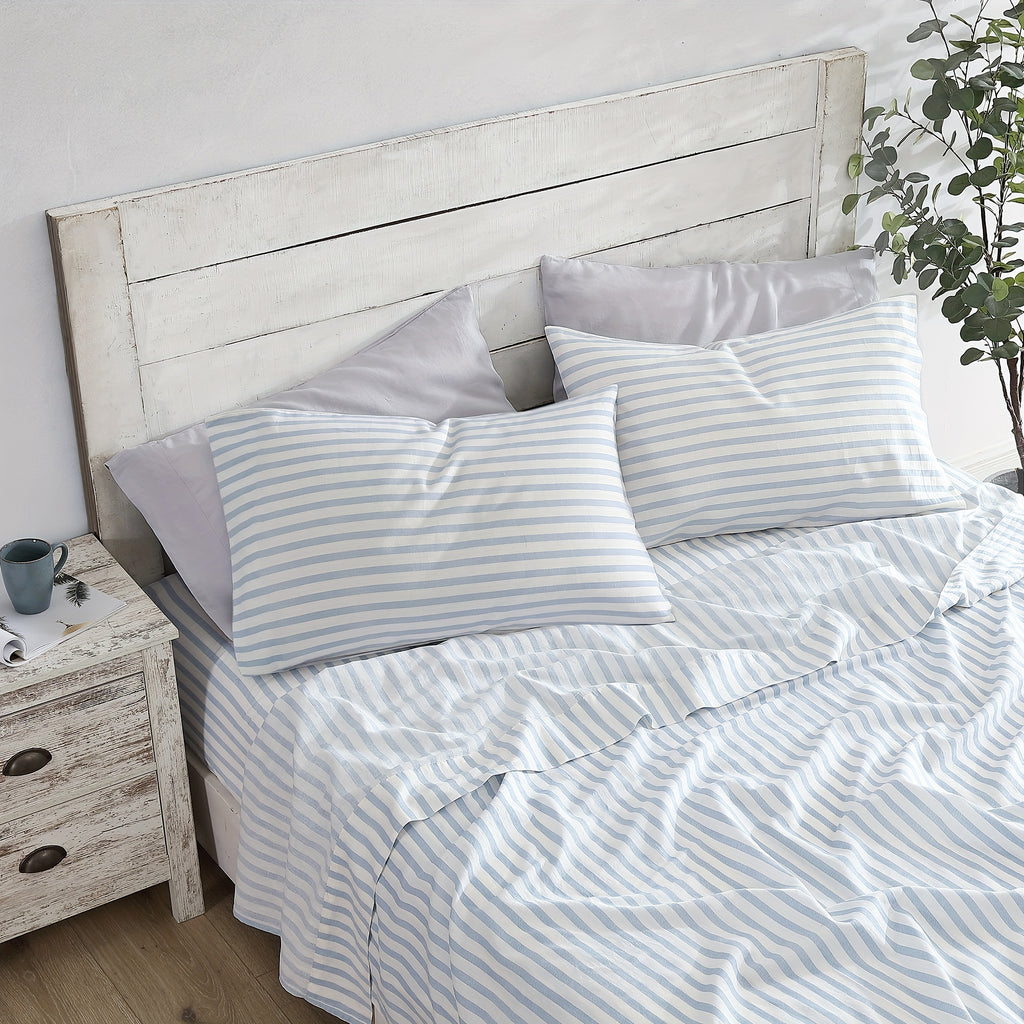 Queen Sheet Set 4 Pcs - 55% Linen, 45% Cotton Striped Sheet Set, Farmhouse, Breathable & Soft, Include Flat Sheet X 1, Fitted Sheet X 1, Pillowcase X 2