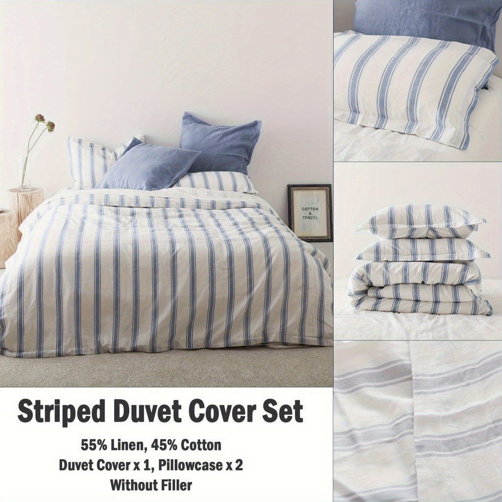 Queen Size Linen And Cotton Comforter Set 3 Pcs, Farmhouse Striped Comforter Set, Soft And Breathable Bedding, 55% Linen, 45% Cotton, Includes 1 Comforter, 2 Pillowcases