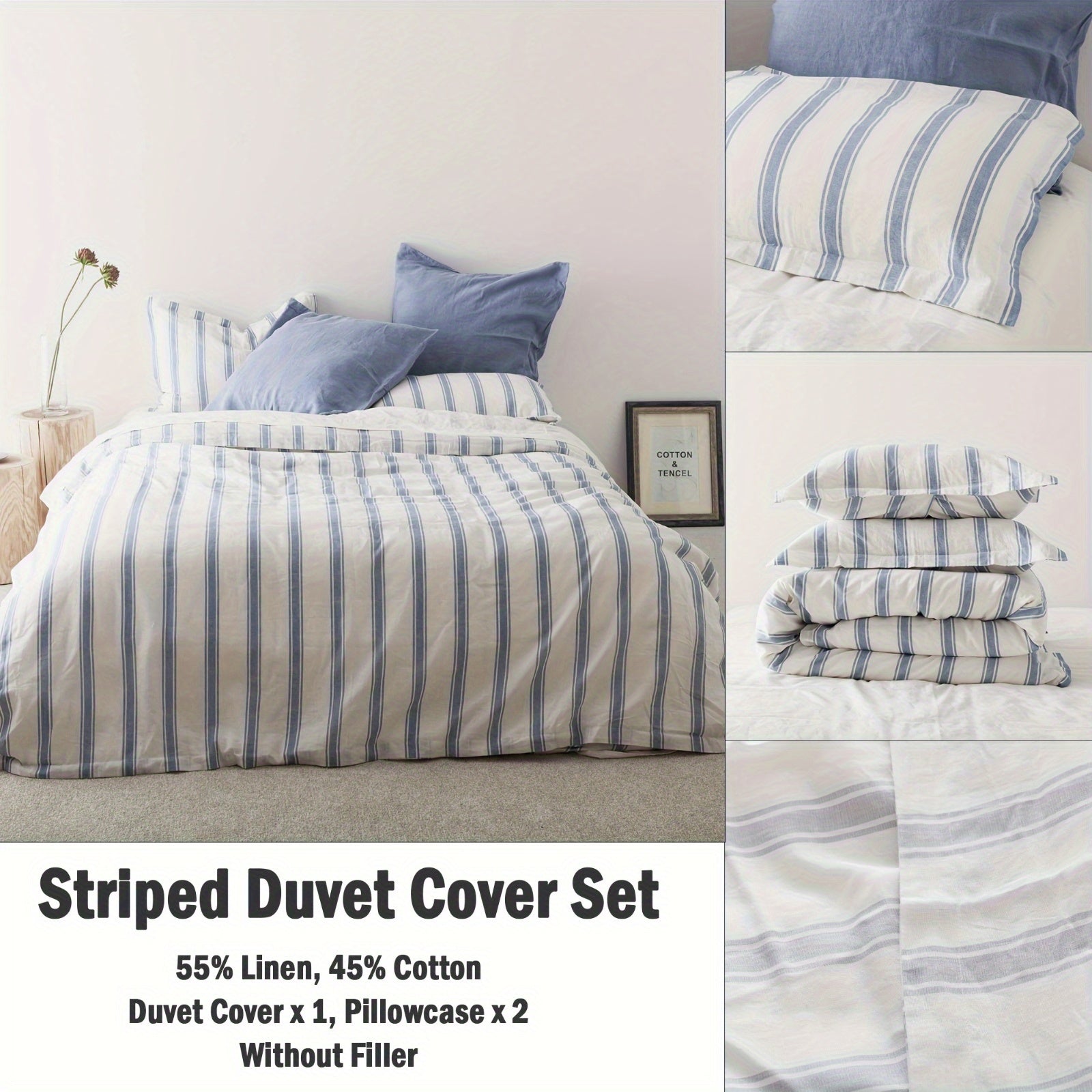 Queen Size Linen And Cotton Comforter Set 3 Pcs, Farmhouse Striped Comforter Set, Soft And Breathable Bedding, 55% Linen, 45% Cotton, Includes 1 Comforter, 2 Pillowcases