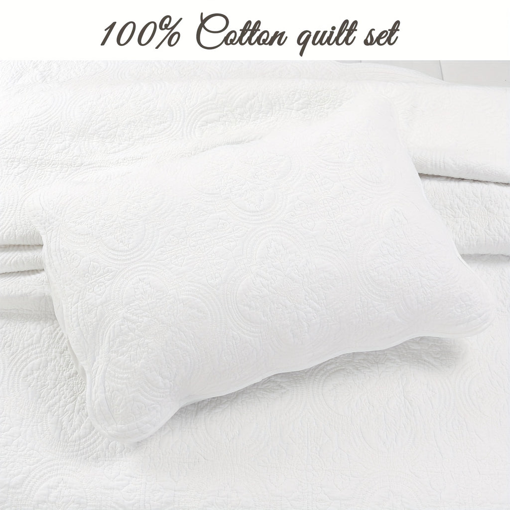 100% Cotton Medallion Solid White Embossed Bedding Quilt Set