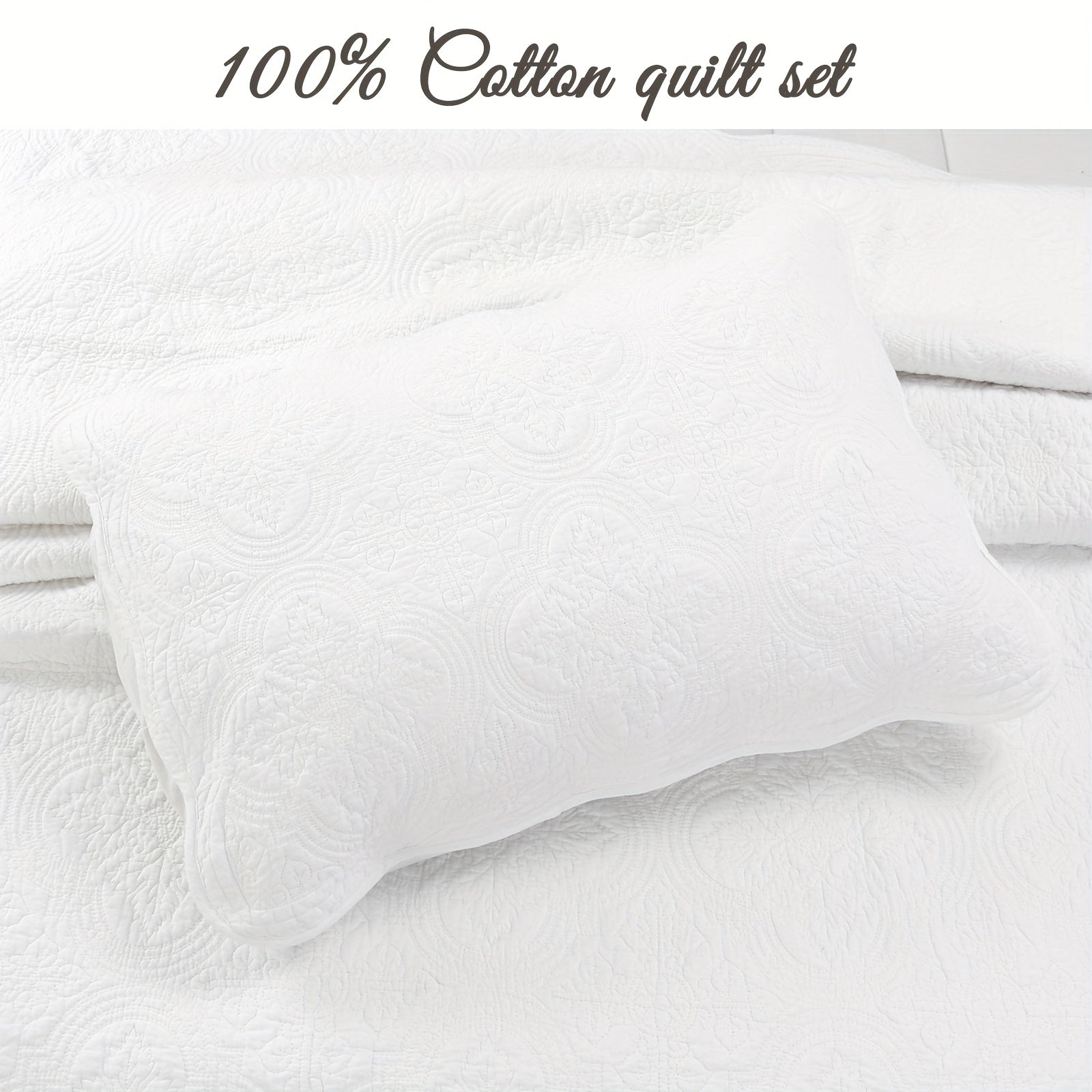 100% Cotton Medallion Solid White Embossed Bedding Quilt Set