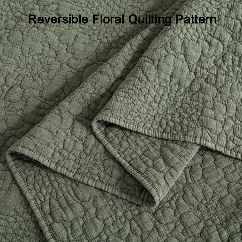 3pcs Stonewashed Cotton Reversible Floral Quilt Set Bedspreads, Real Quilting Soft & Breathable Quilt, All Seasons Lightweight Bedspread, Master Suites Or Guest Rooms Bedding Set (1 Quilt, 2 Pillow Shams), Machine Washable.