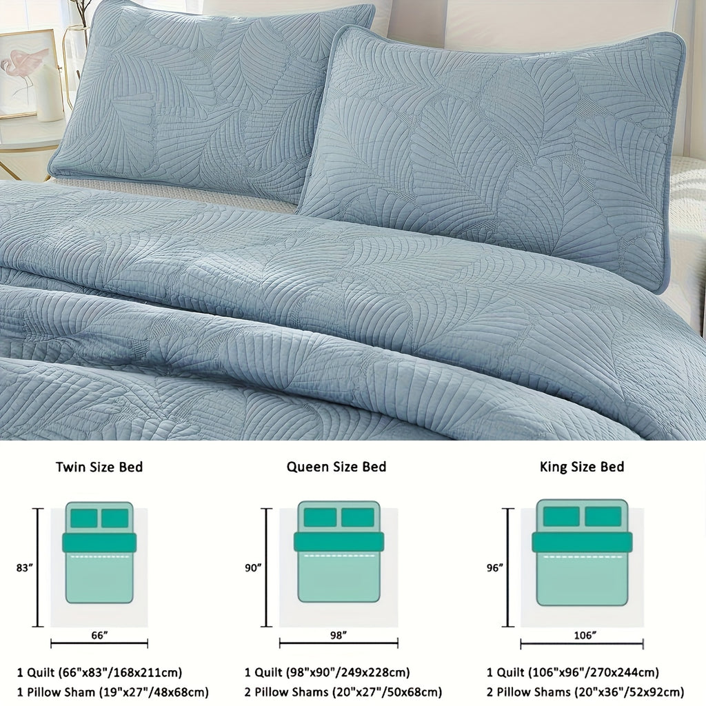 3Pcs Luxury Palm Tree Leaf Pattern Embroidered Quilt Set, 100% Cotton Blue Farmhouse Bedspread Set, Lightweight Soft Tropical Style Coverlet Set, for All-Season, Queen King Size