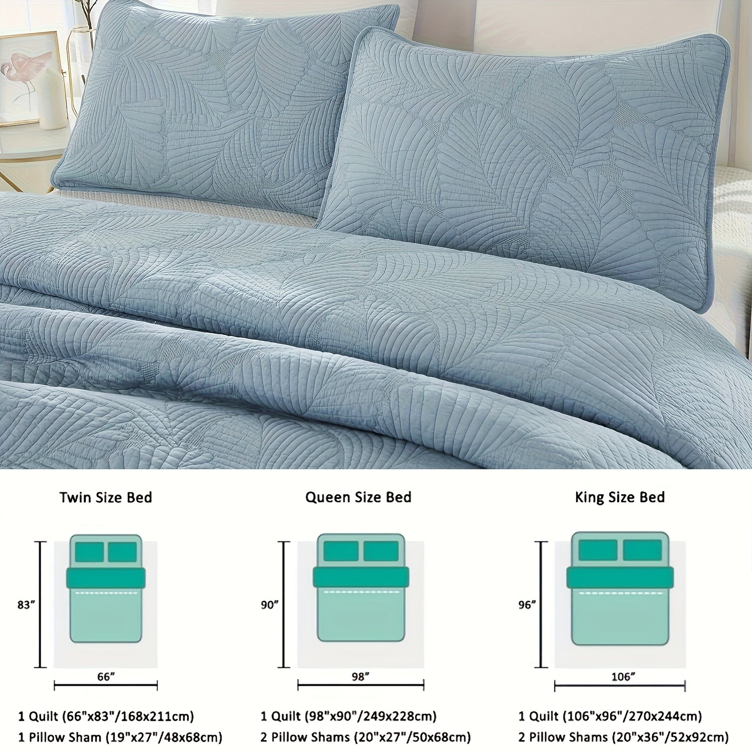 3Pcs Luxury Palm Tree Leaf Pattern Embroidered Quilt Set, 100% Cotton Blue Farmhouse Bedspread Set, Lightweight Soft Tropical Style Coverlet Set, for All-Season, Queen King Size