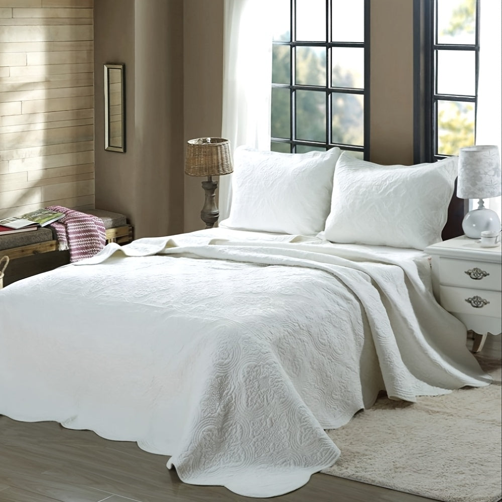 100% Cotton Medallion Solid White Embossed Bedding Quilt Set