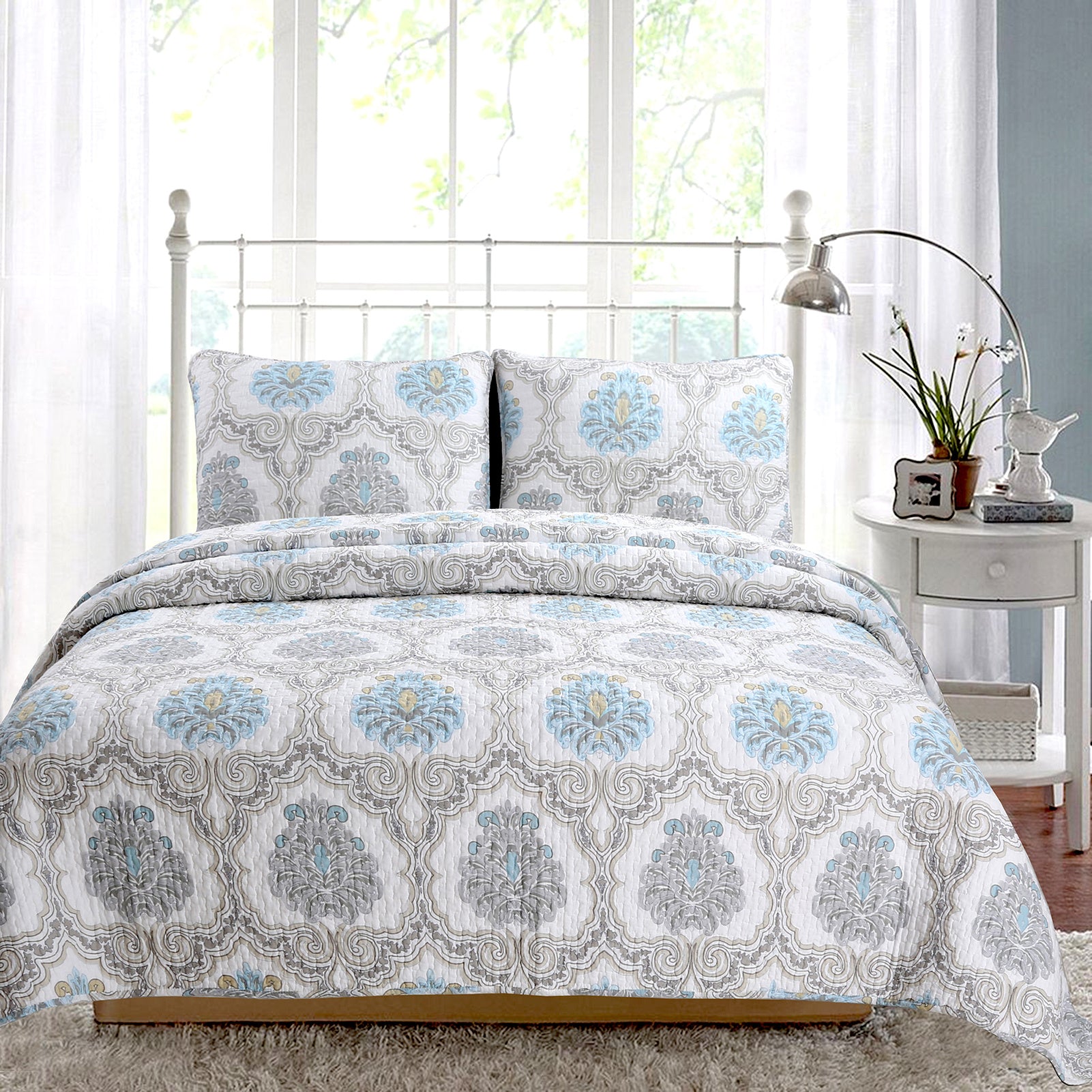 100 Cotton Floral Aqua Teal Blue Reversible Quilt Bedding Set, Lightweight Bedspread Coverlet for All Seasons