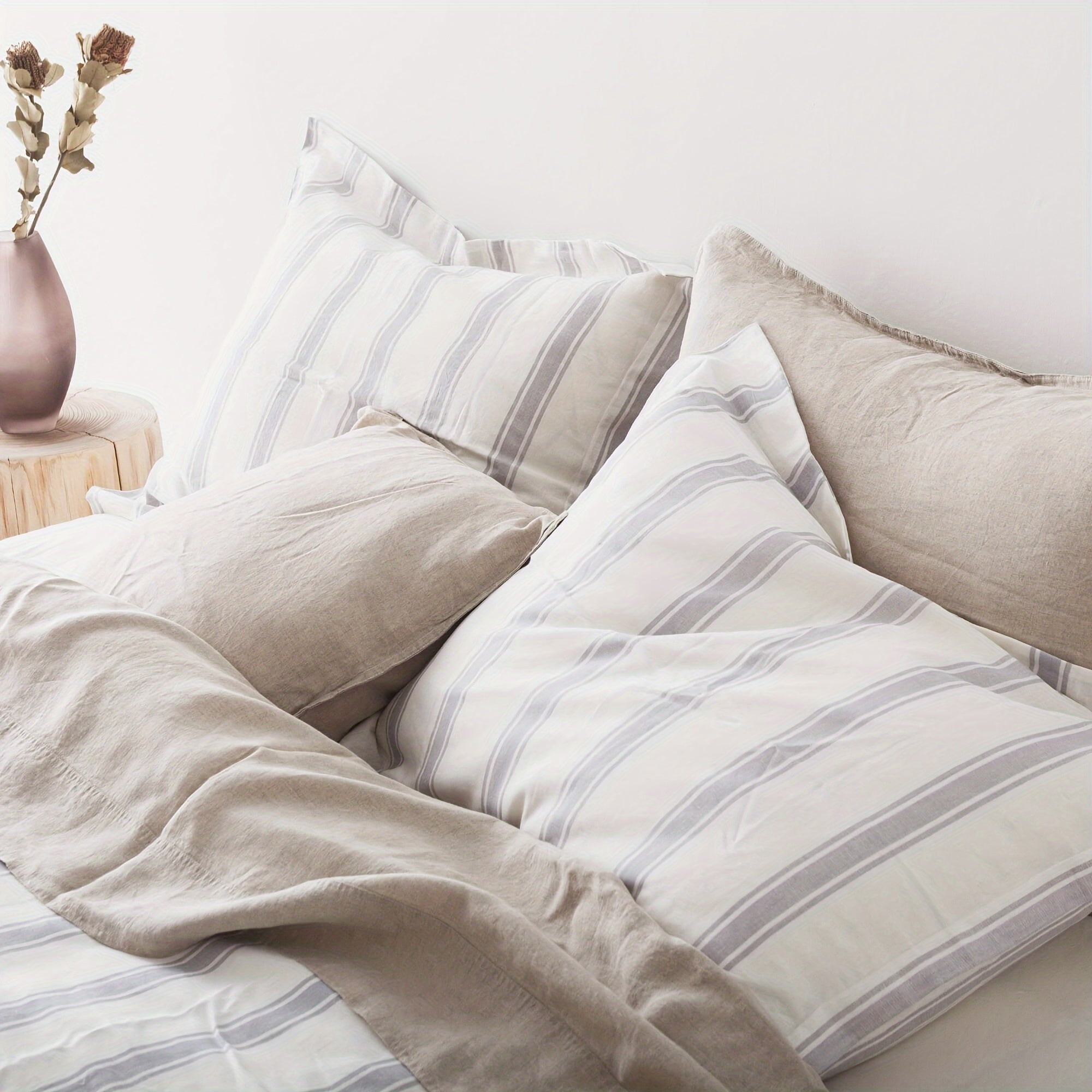 Queen Size Linen And Cotton Comforter Set 3 Pcs, Farmhouse Striped Comforter Set, Soft And Breathable Bedding, 55% Linen, 45% Cotton, Includes 1 Comforter, 2 Pillowcases