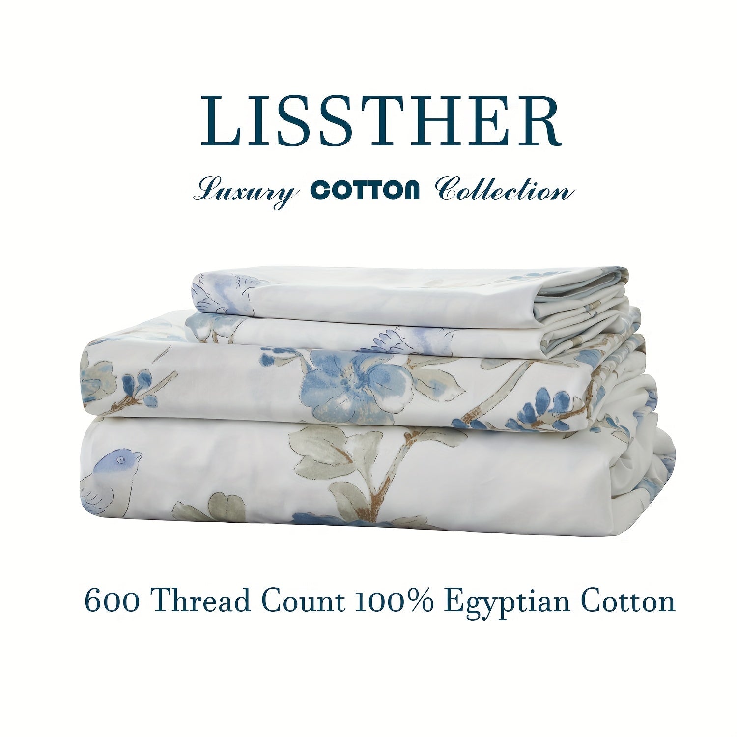 4pcs 600TC 100% Egyptian Cotton Fitted Sheet Set (1*Fitted Sheet + 1*Flat Sheet + 2*Pillowcase, Without Core), Luxury Blue Watercolor Floral Bedding Set, for Bedroom Guest Room Student Dorm All Seasons