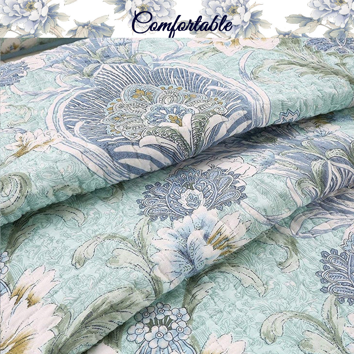 100 Cotton Floral Aqua Teal Blue Reversible Quilt Bedding Set, Lightweight Bedspread Coverlet for All Seasons