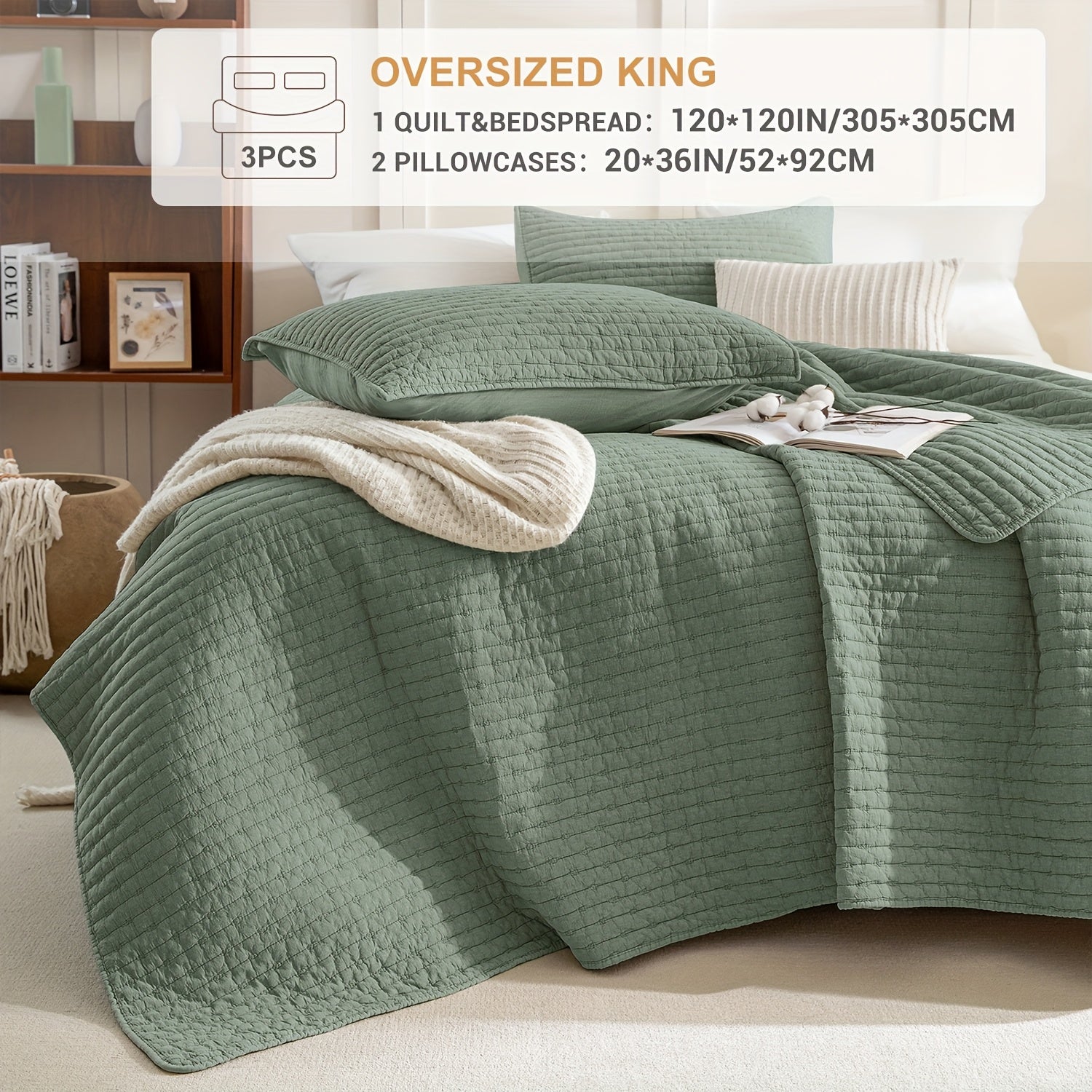 Stonewashed Cotton Coverlet, Olive Green Ultra Soft Crinkle Quilt Bedding Set 3pcs Cross Stitch Pattern Lightweight Breathable Bedspread Set for All Season
