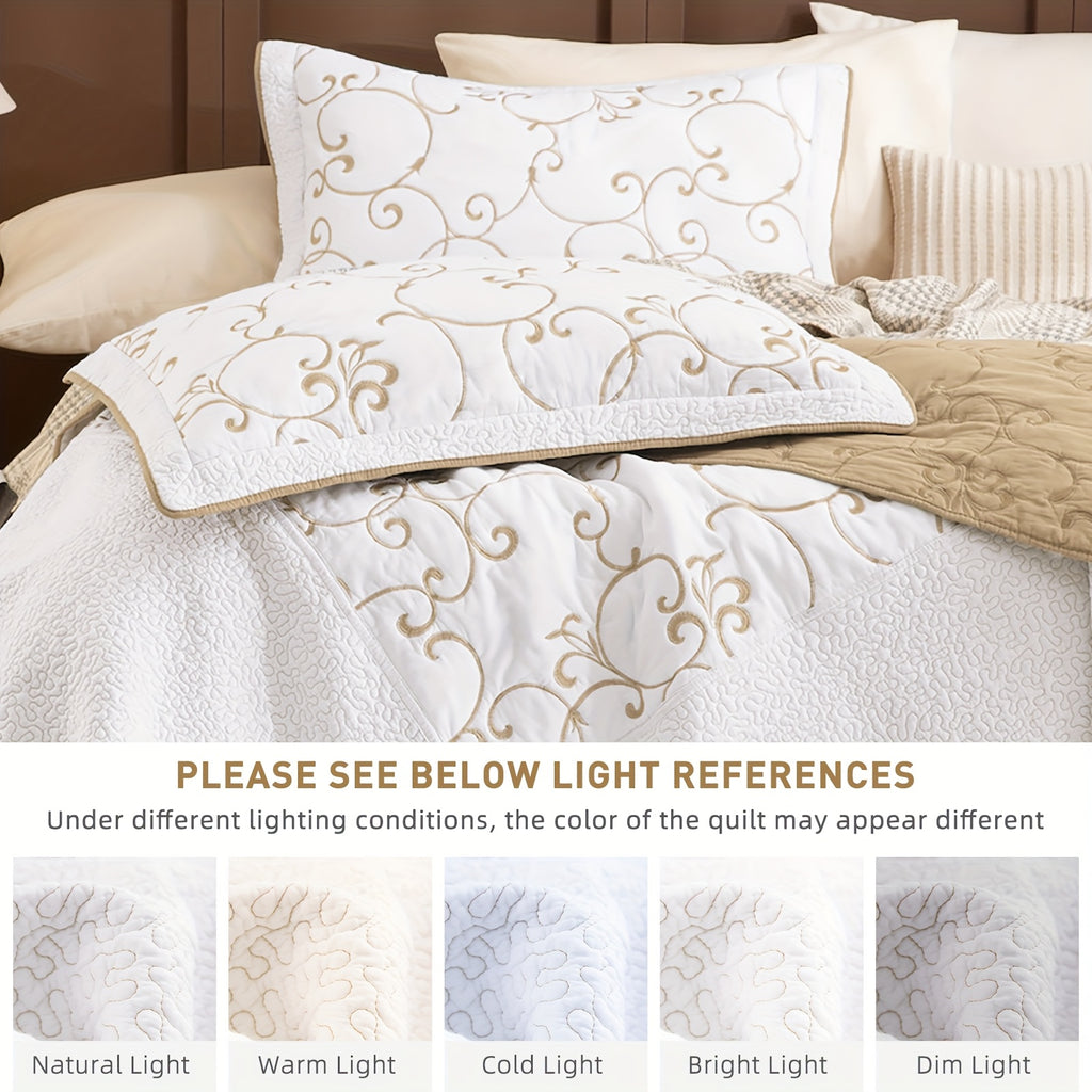 100% Cotton California King Quilt Embroidery Pattern Bedding Coverlet Set 3pcs Extra Large Golden And White Quilt Bedding Set Aesthetic All Season