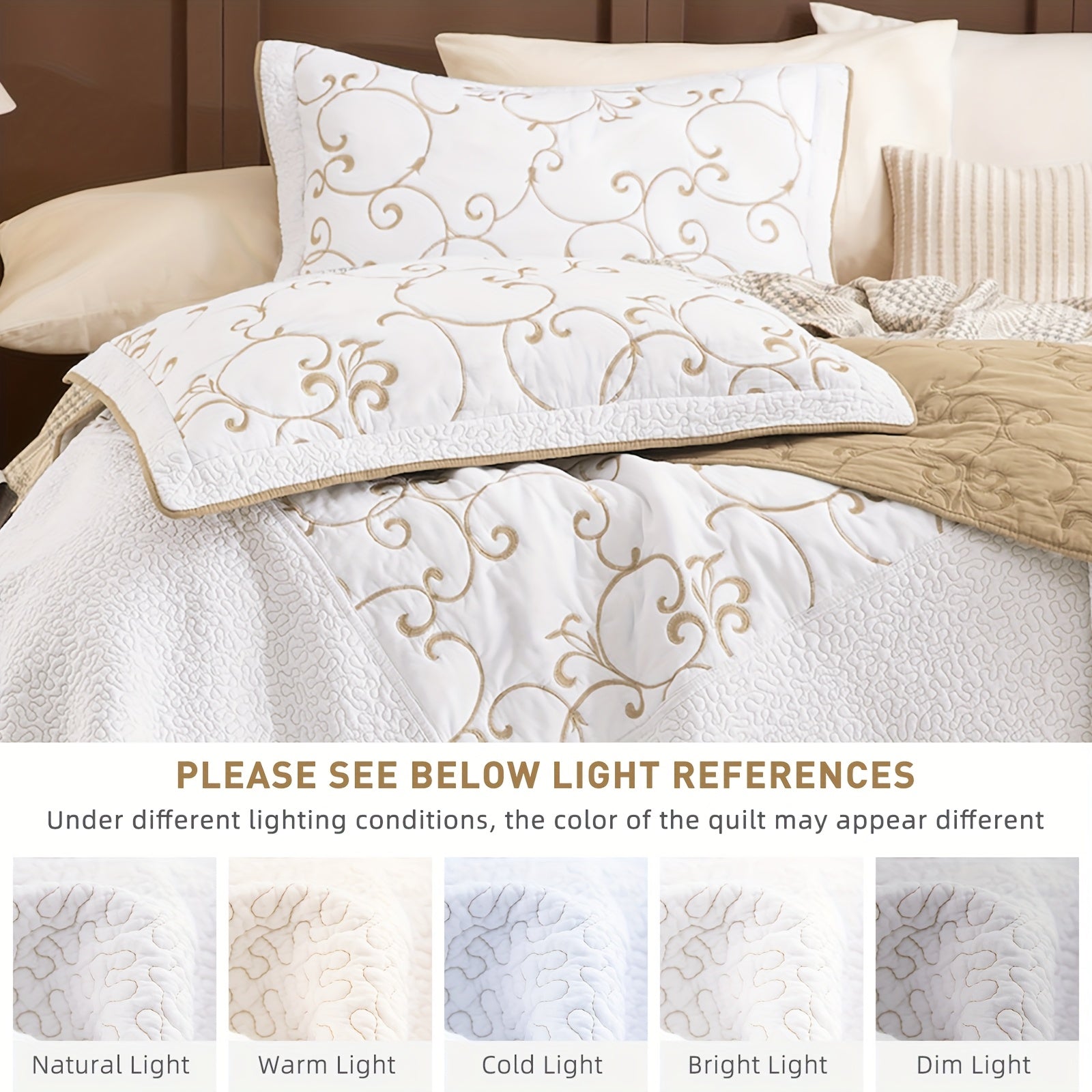 100% Cotton California King Quilt Embroidery Pattern Bedding Coverlet Set 3pcs Extra Large Golden And White Quilt Bedding Set Aesthetic All Season