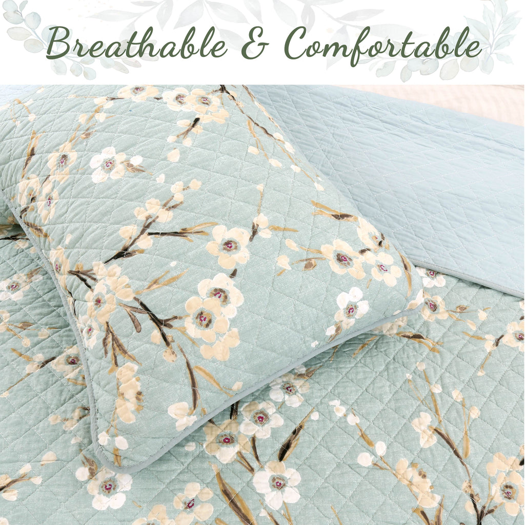 100 Cotton Floral Aqua Teal Blue Reversible Quilt Bedding Set, Lightweight Bedspread Coverlet for All Seasons