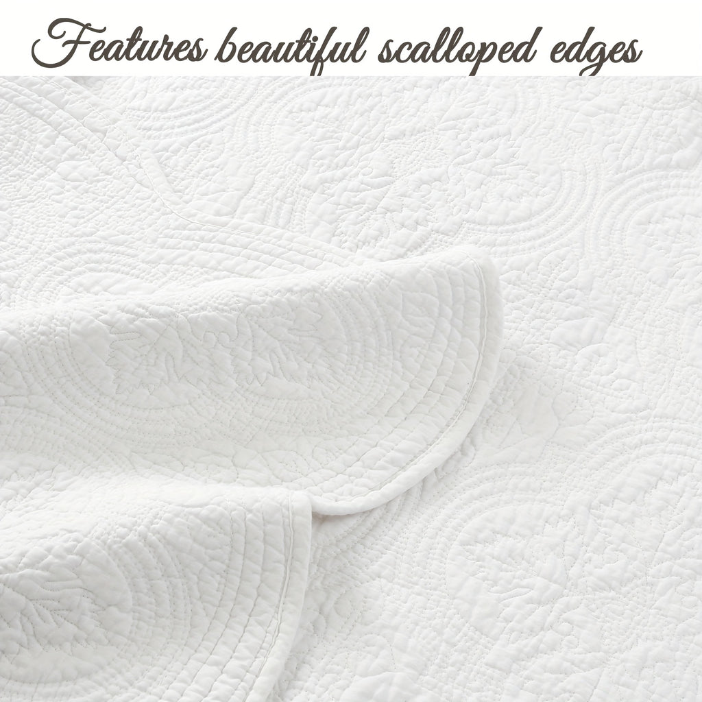 100% Cotton Medallion Solid White Embossed Bedding Quilt Set